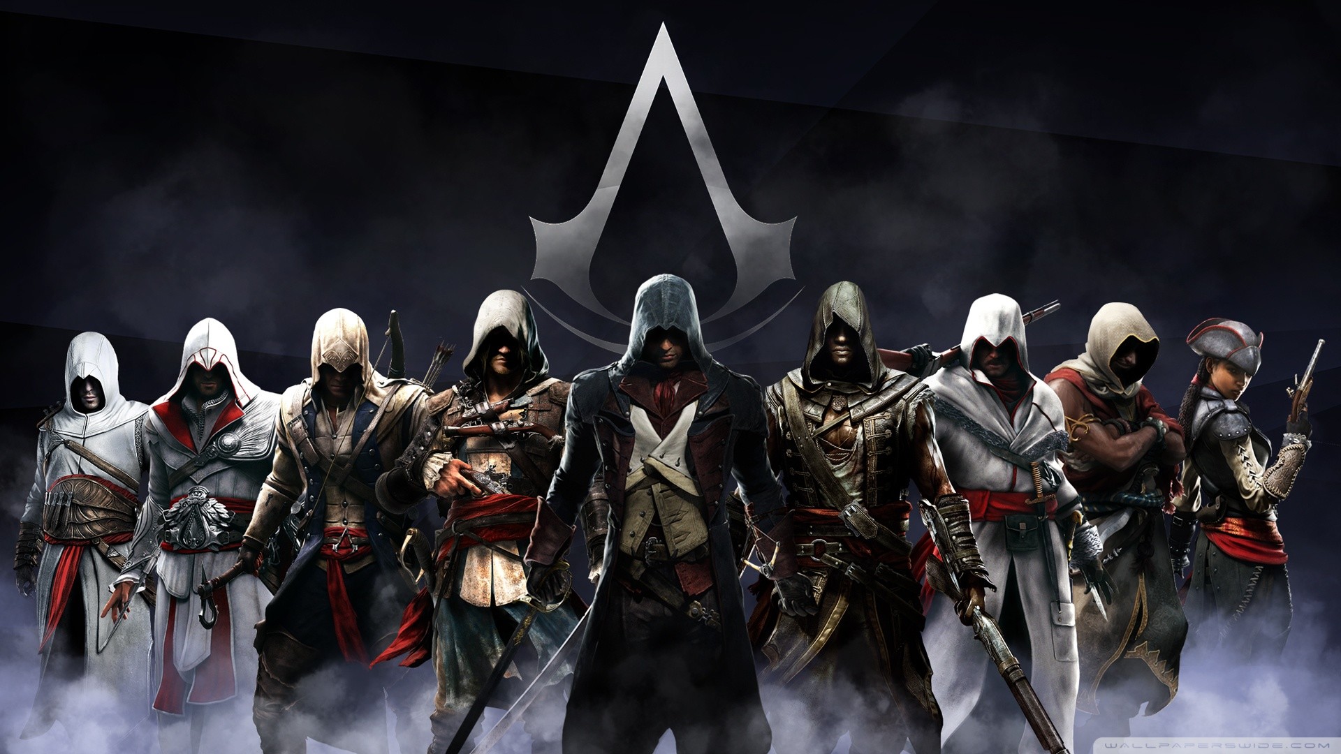 Assassin's Creed, Assassini, Simbolo degli Assassini, Gruppo, Sfondo scuro, wallpaper 1920x1080