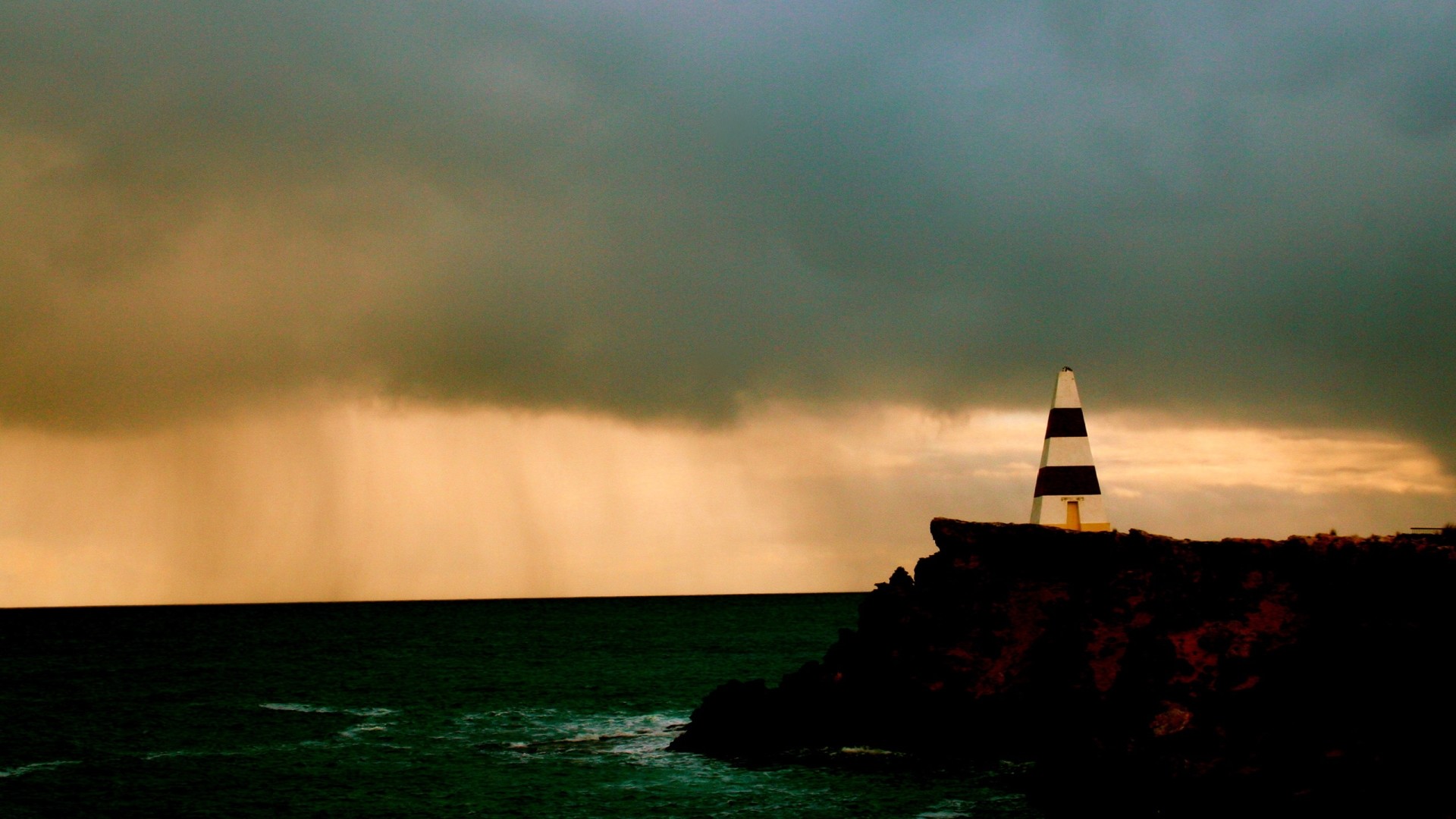 Faro, Scogliera, Temporale, Mare, Tramonto, Full HD, wallpaper desktop