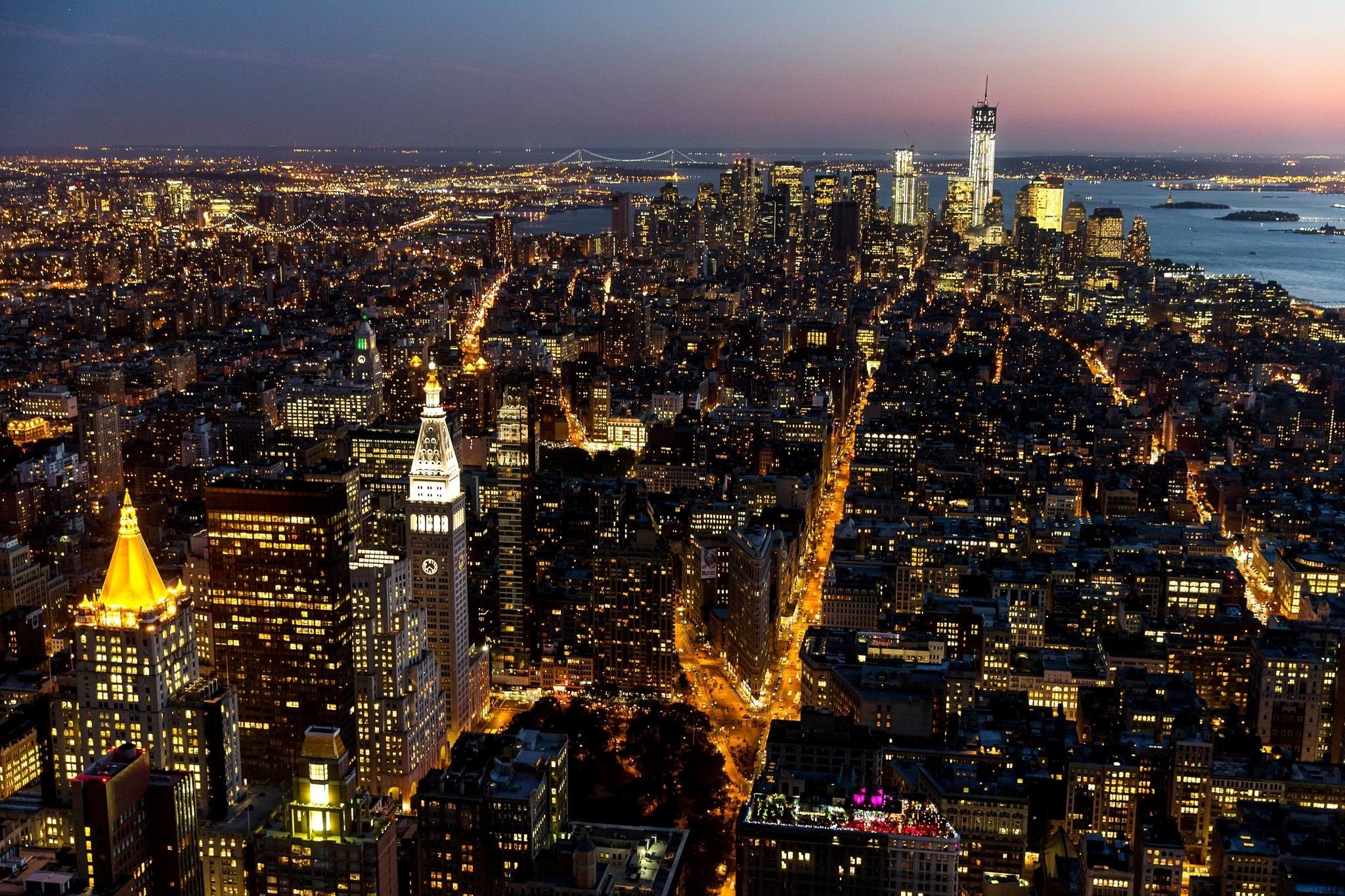 Manhattan, Vista aerea, Notte, One World Trade Center, Full HD, sfondo desktop