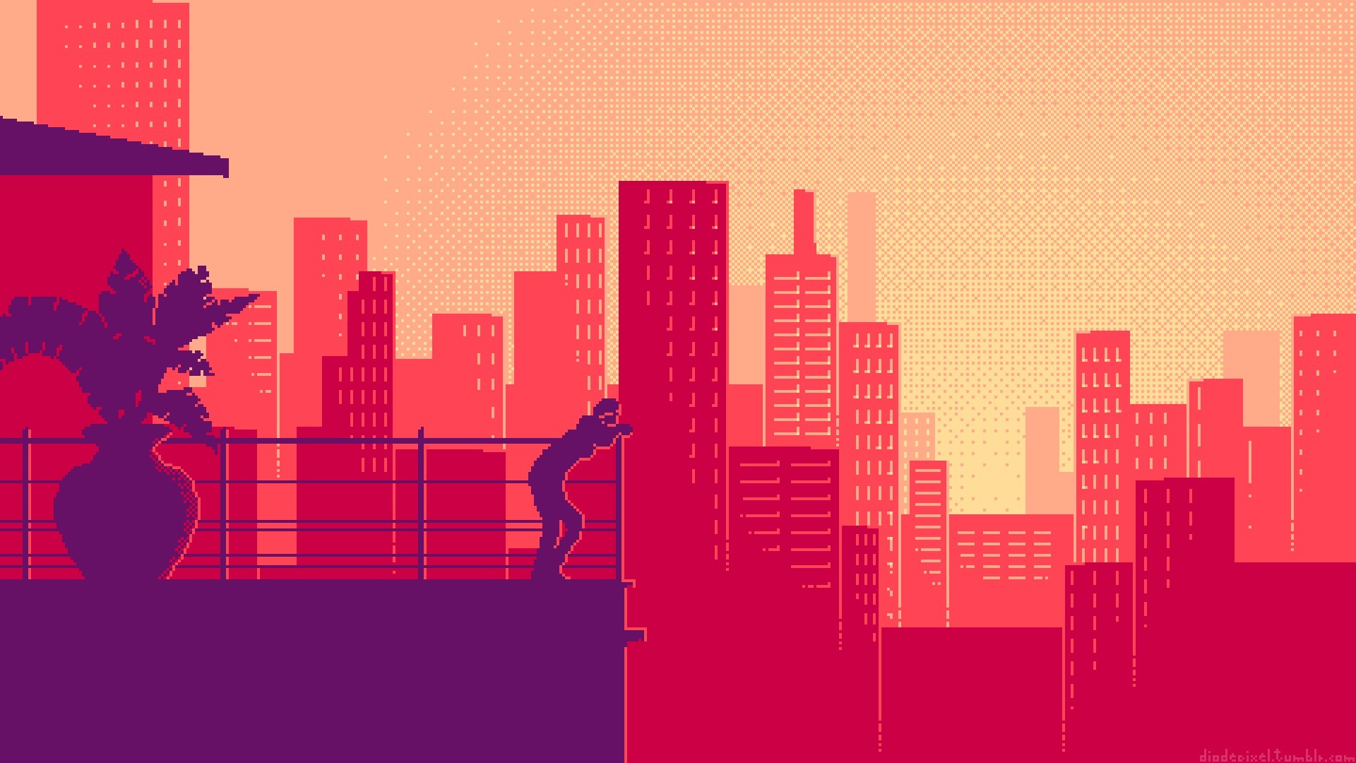 Pixel art, Skyline, Tramonto, Toni rosa, Full HD 1080p, sfondo desktop