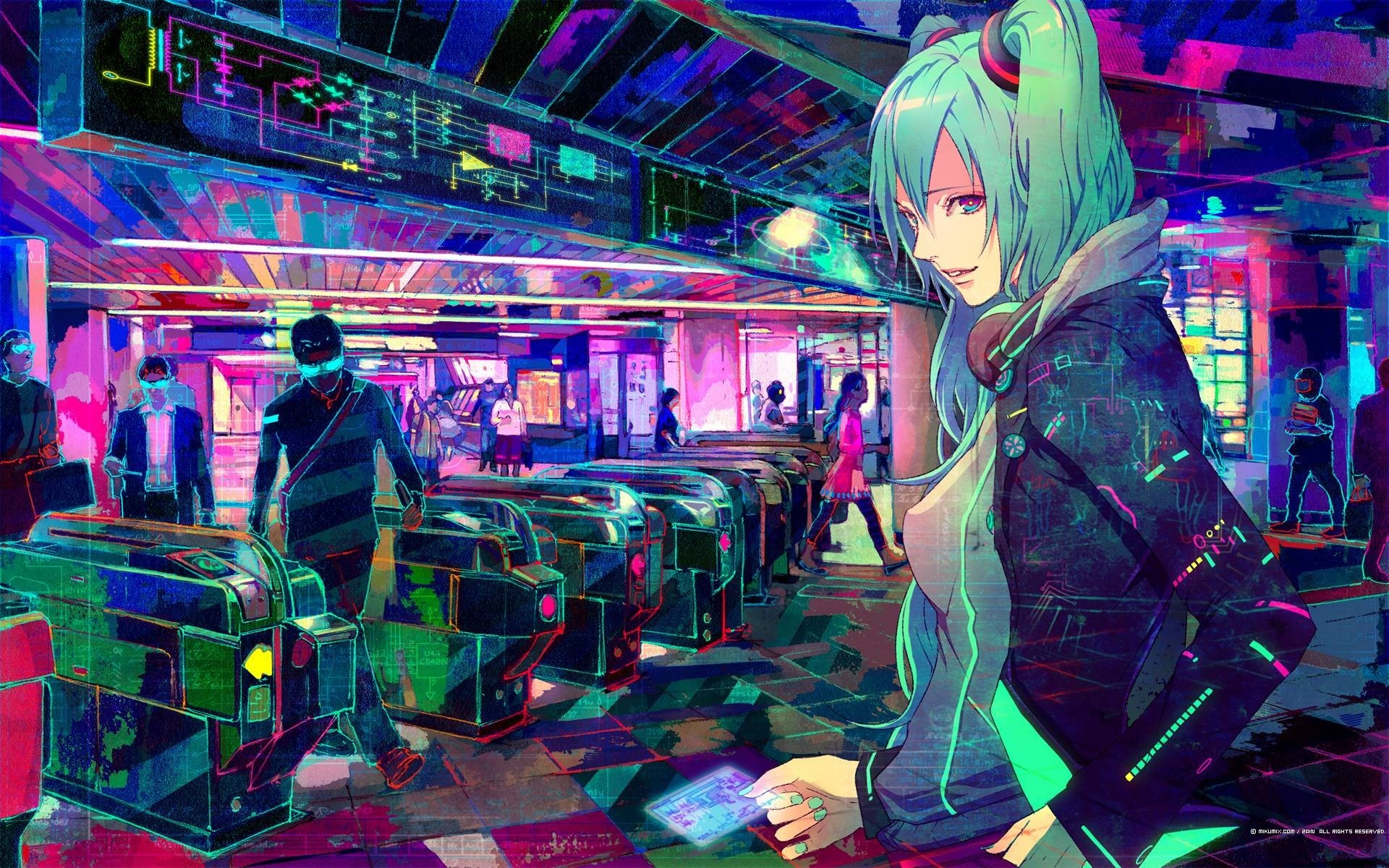 Ragazza anime, Stazione della metro, Cyberpunk, Colori neon, 1920x1200, sfondo per PC
