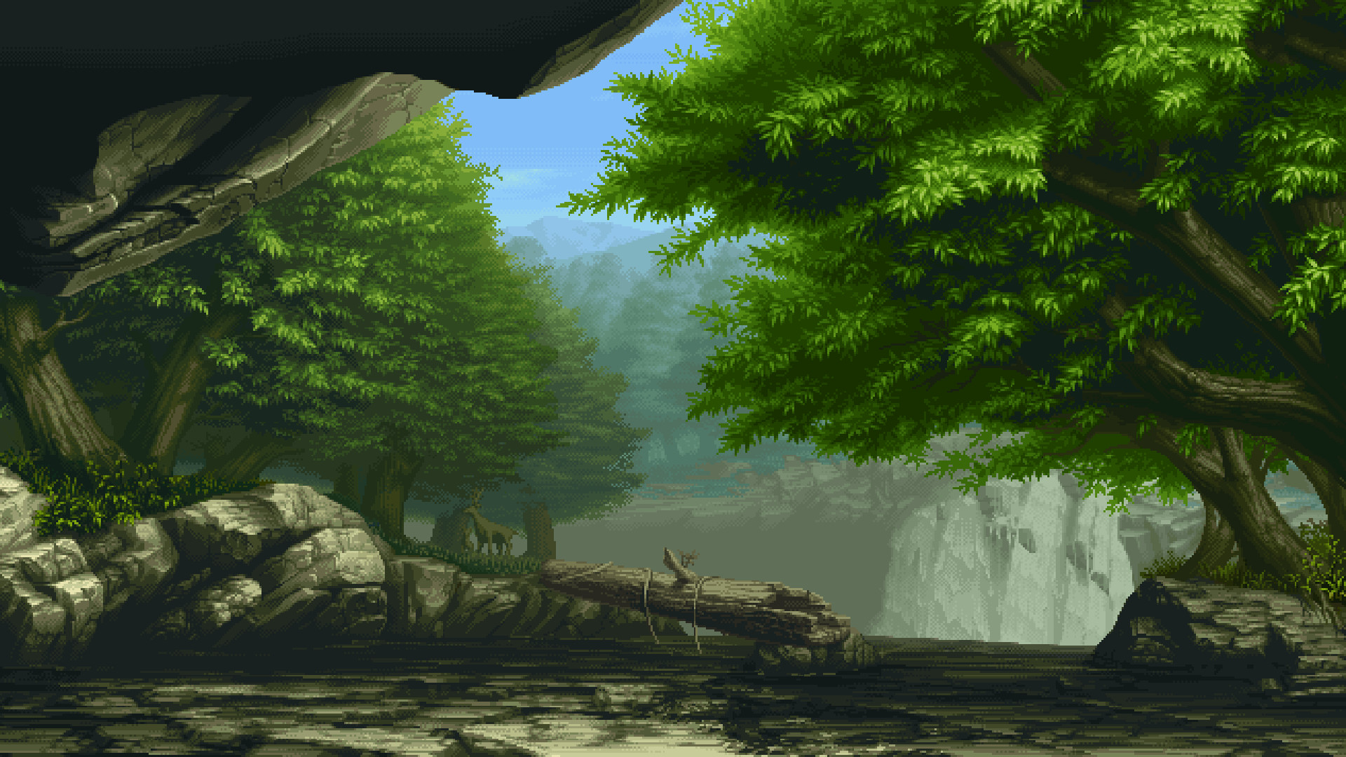 Pixel art, Foresta, Alberi, Cascata, Full HD, sfondo desktop