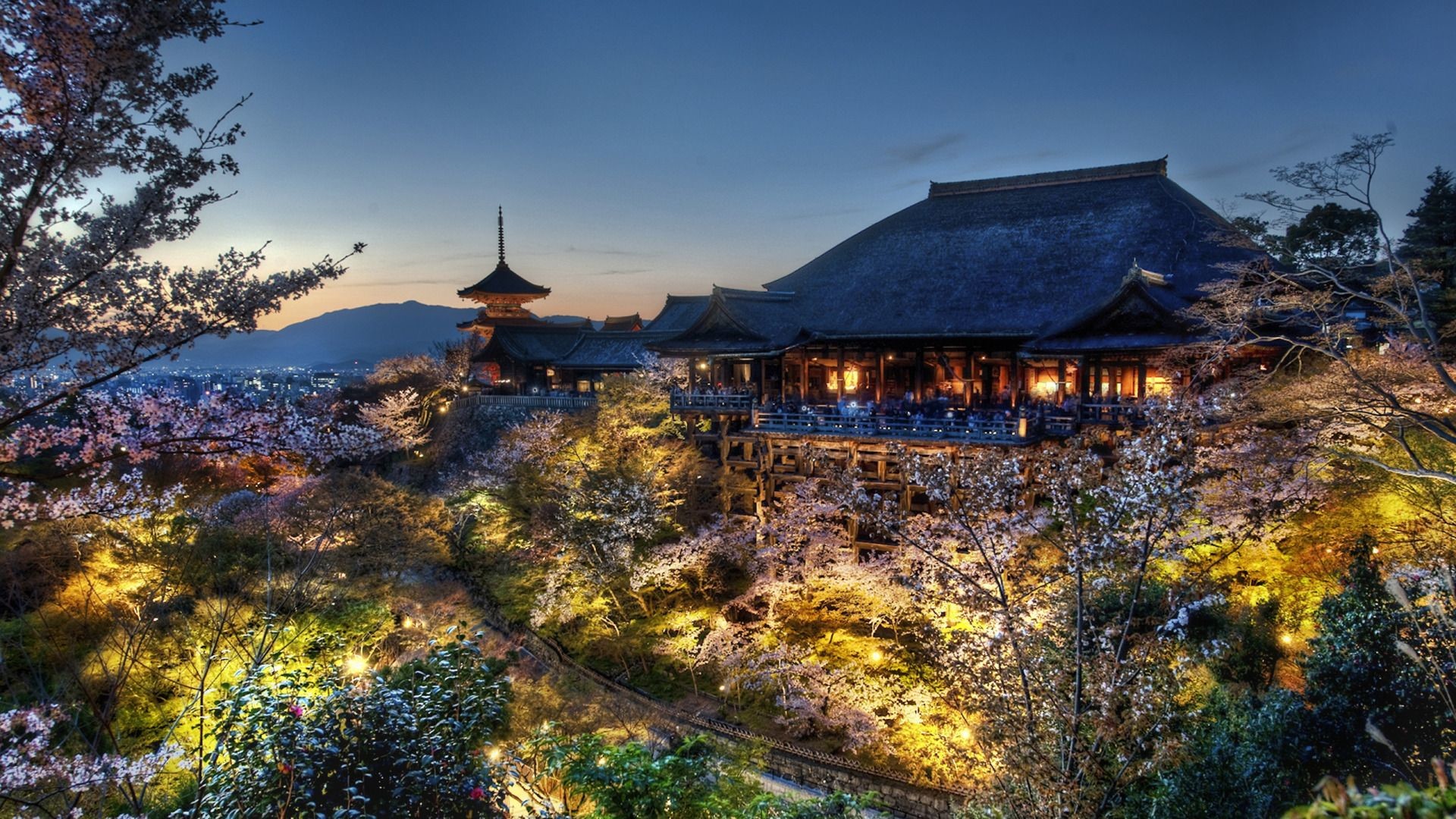 Kiyomizu-dera, Kyoto, Giappone, Pagoda, Crepuscolo, Full HD 1080p, sfondo desktop