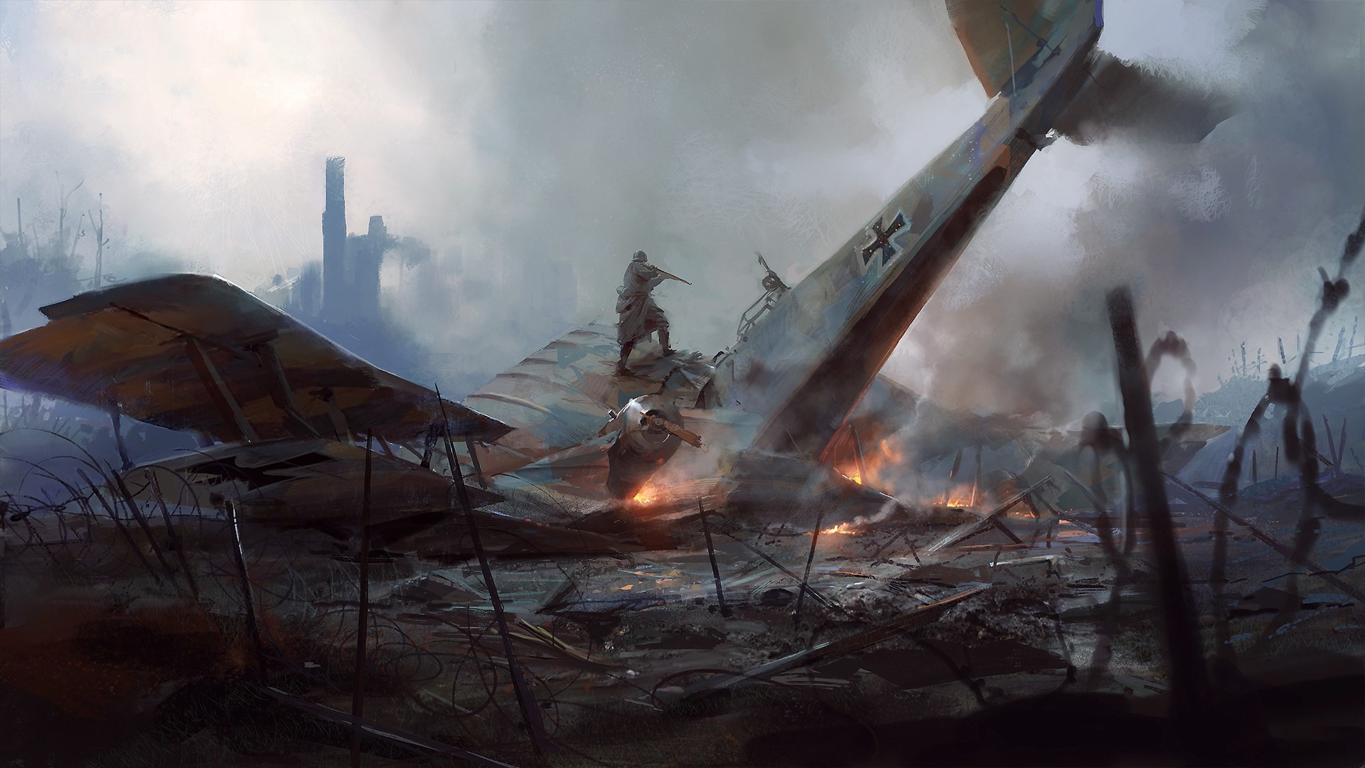 Battlefield 1, Aereo abbattuto, Campo di battaglia, Fumo, Full HD, sfondo Windows 11