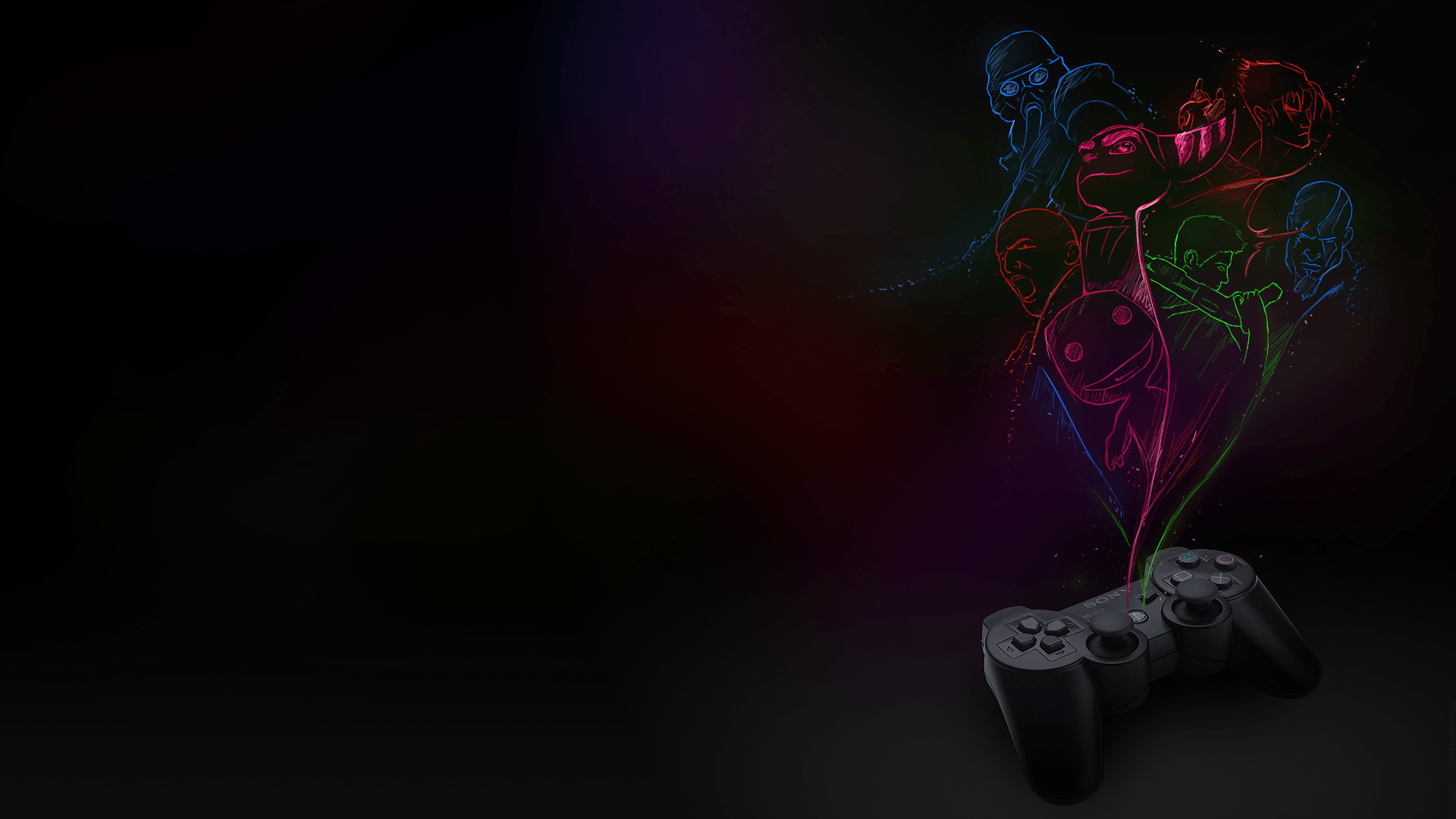 DualShock 3, Controller, Personaggi, Fumo colorato, Sfondo nero, wallpaper Windows 11