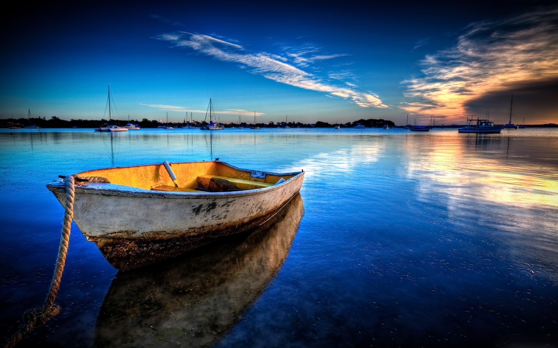 Barca, Riflesso, Tramonto, Cielo blu, Acqua calma, 1920x1200, sfondo per PC