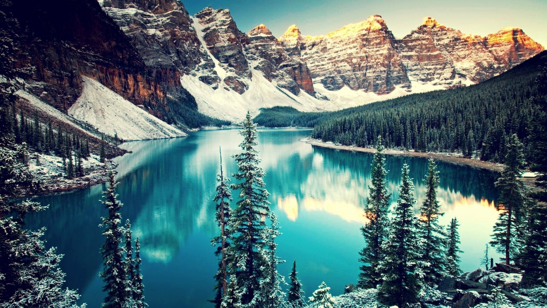 Lago Moraine, Parco nazionale di Banff, Canada, Montagne Rocciose, Abeti, sfondo Full HD per desktop