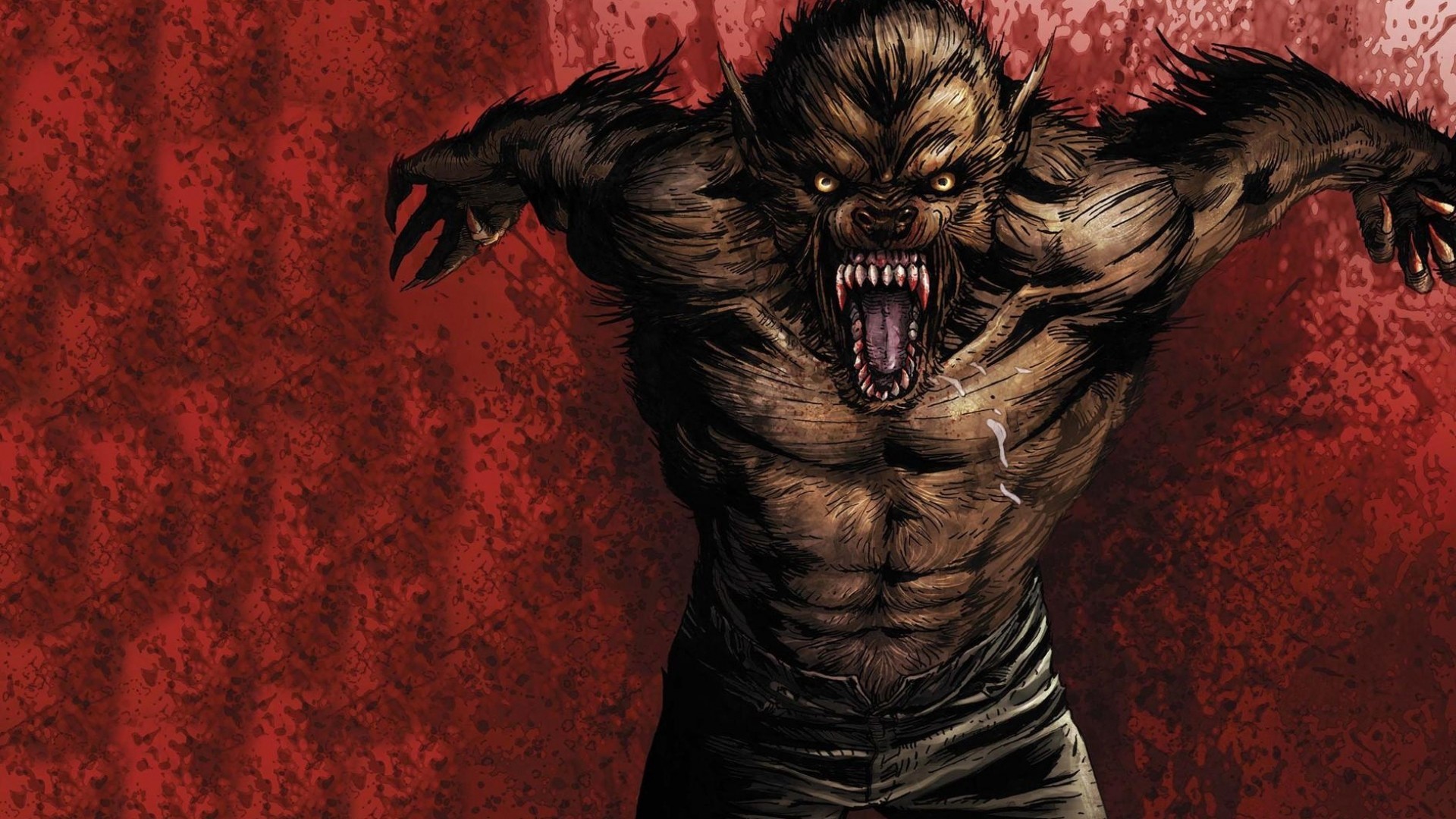 Lupo mannaro, Ringhio, Fumetto, Sfondo rosso, 1920x1080, wallpaper desktop