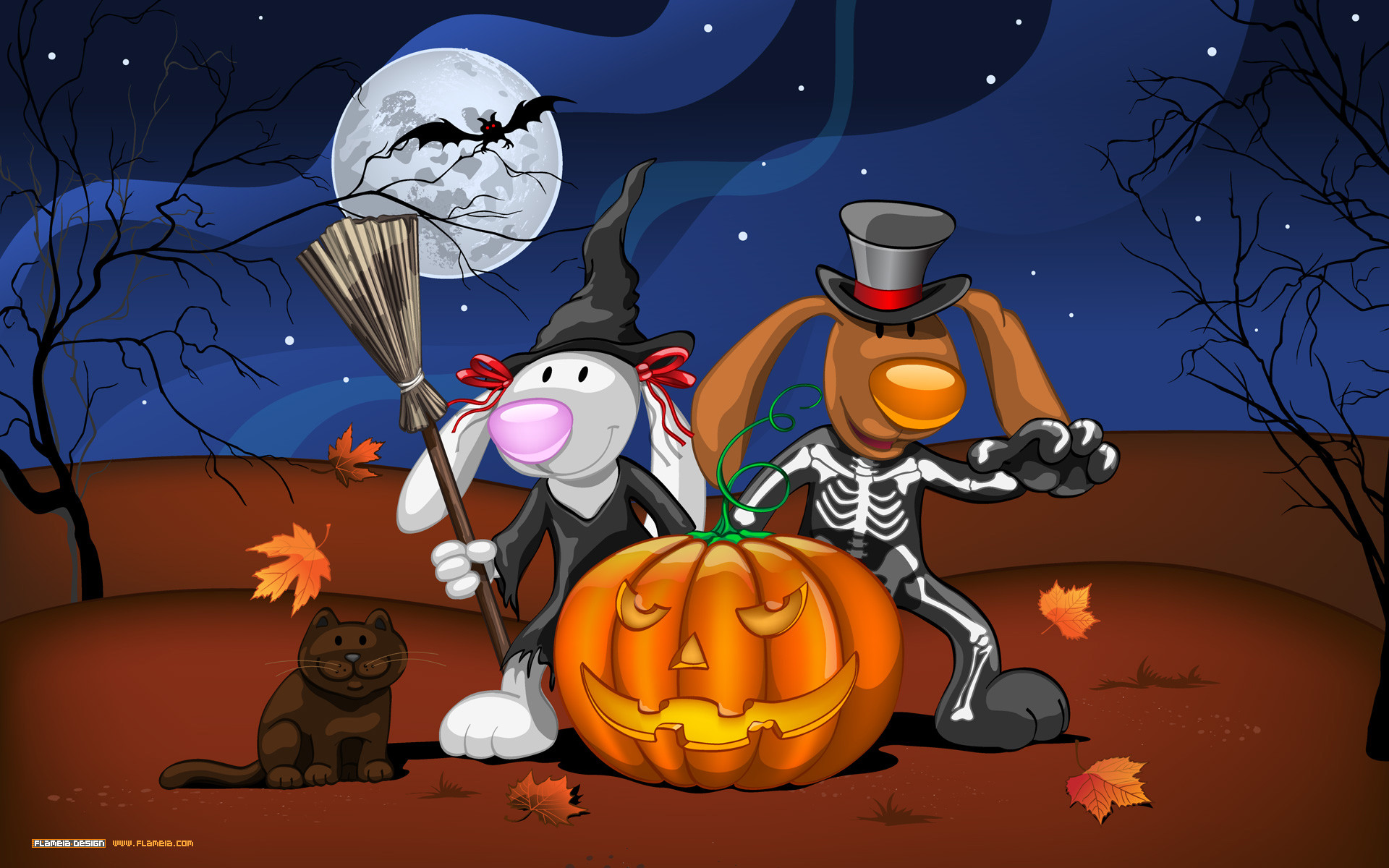 Halloween, Zucca, Strega, Scheletro, Luna piena, Full HD, sfondo per PC e portatile