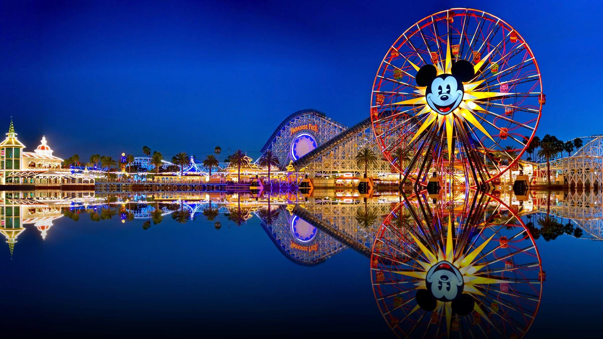 Disney California Adventure, Mickey's Fun Wheel, Ruota panoramica, Notte, Riflesso, sfondo 1080p