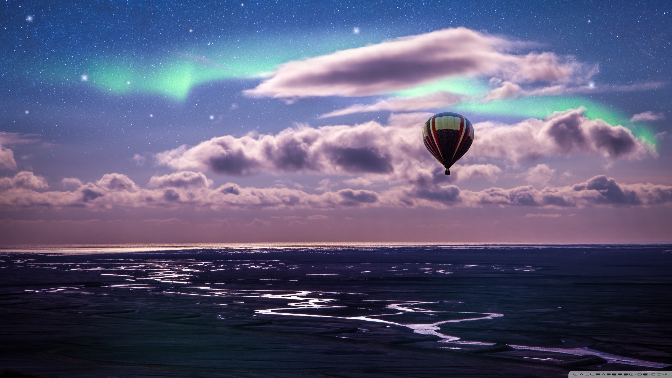 Mongolfiera, Aurora boreale, Nuvole, Mare, 2K, sfondo per PC e portatile