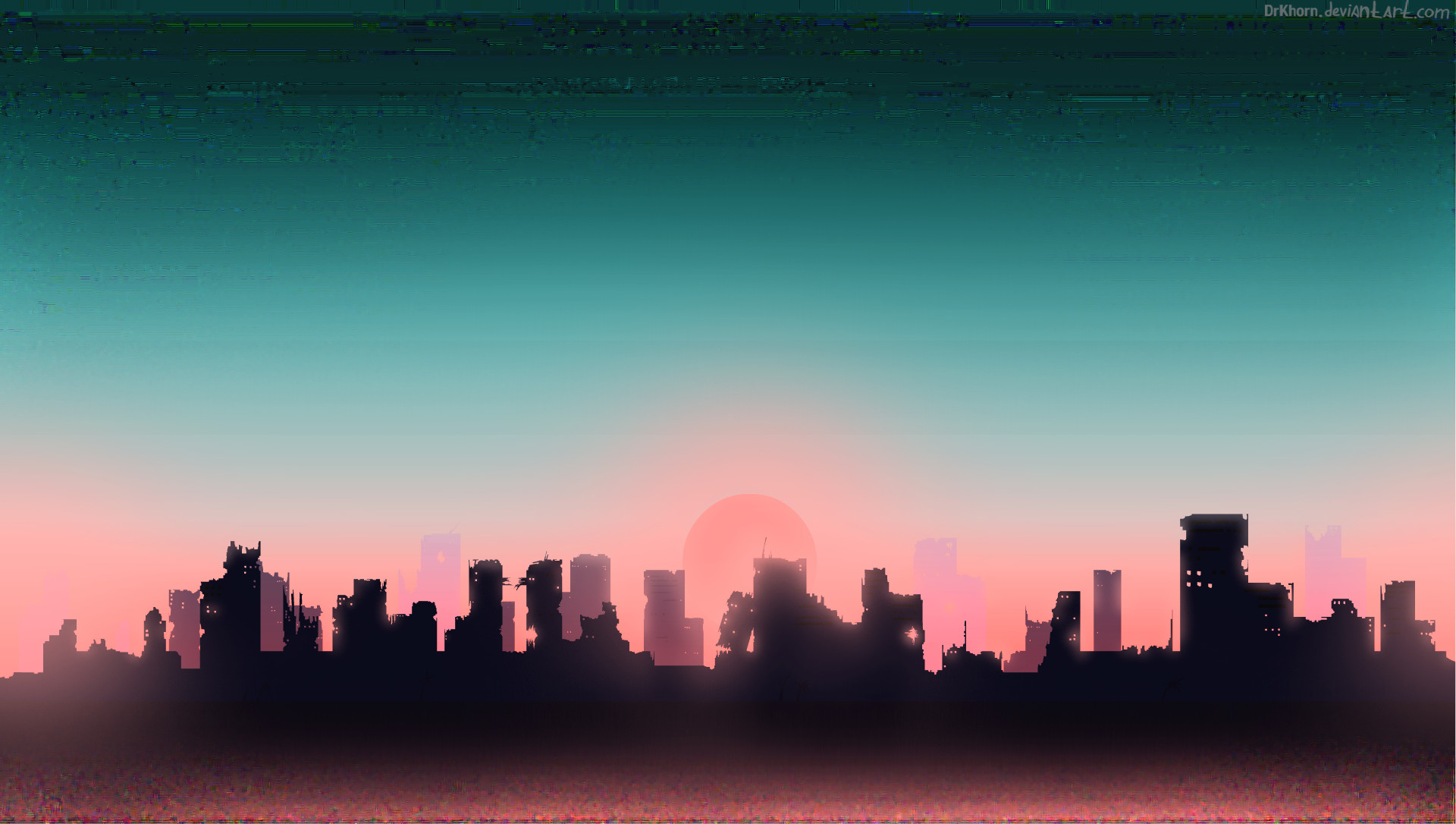 Hotline Miami, Skyline, Silhouette, Tramonto, Turchese, Full HD, sfondo per PC e portatile