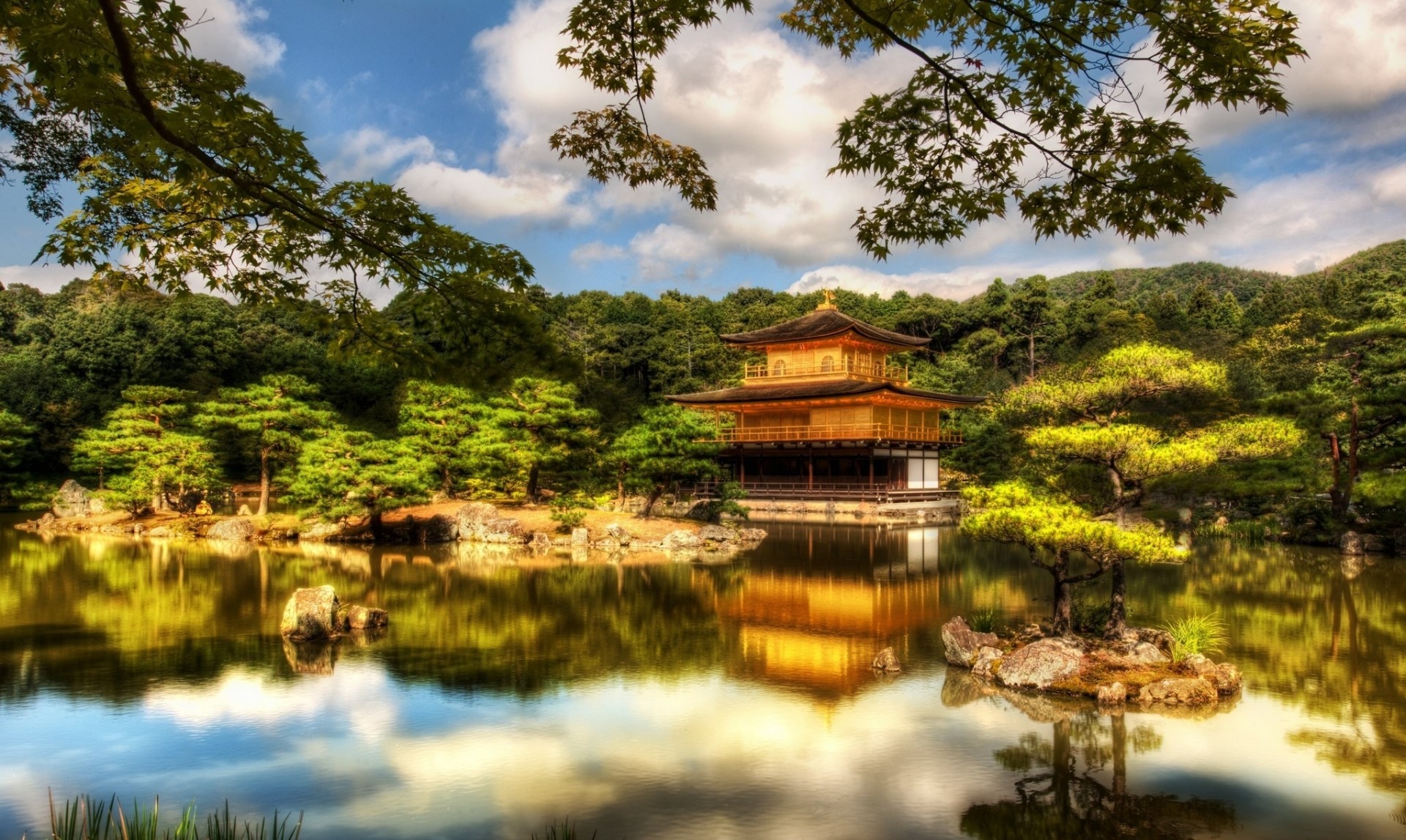 Kinkaku-ji, Padiglione d'oro, Kyoto, Laghetto, Full HD, wallpaper per PC