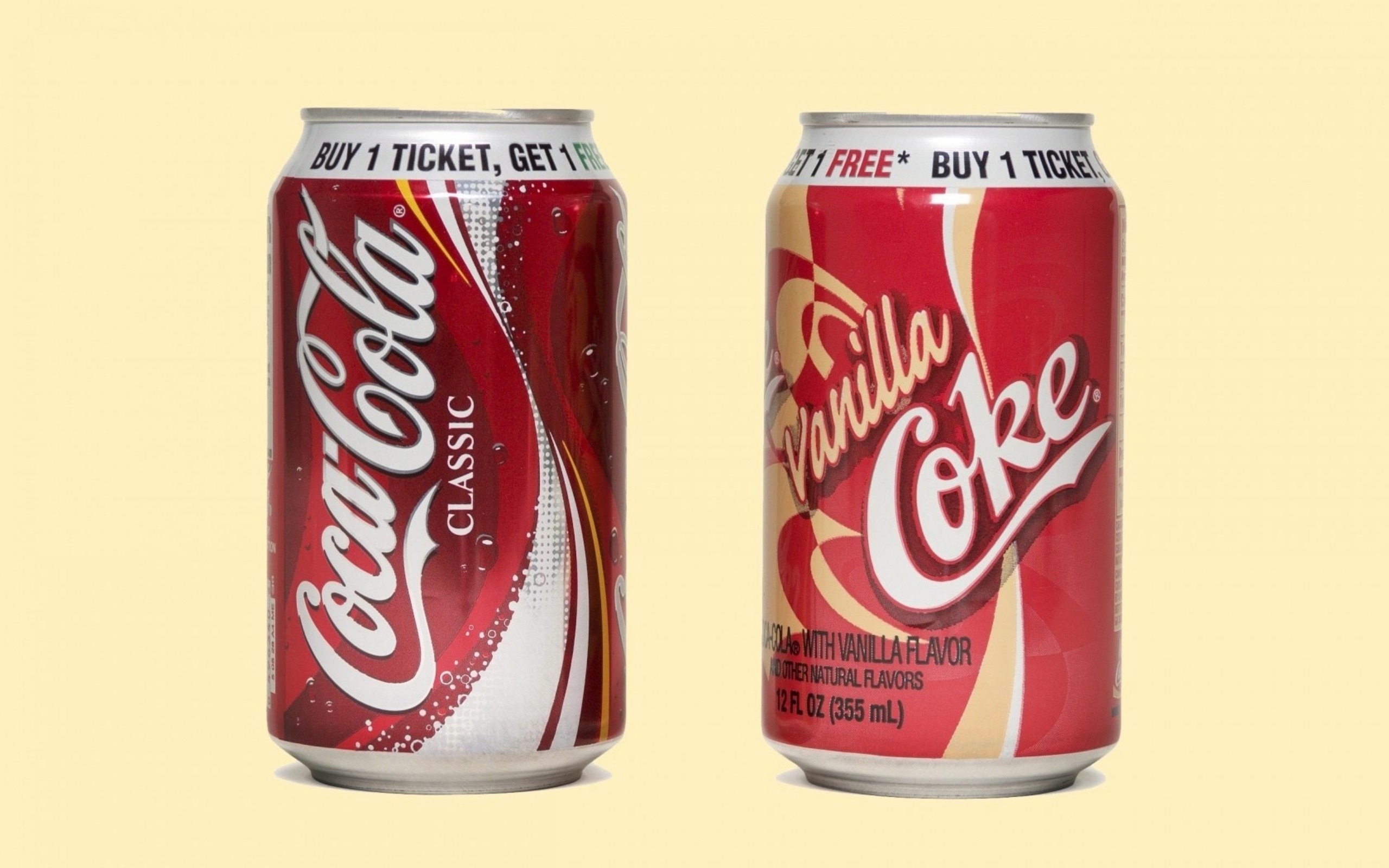 Coca-Cola Classic, Vanilla Coke, Lattine, Sfondo crema, 16:10 2K, wallpaper widescreen