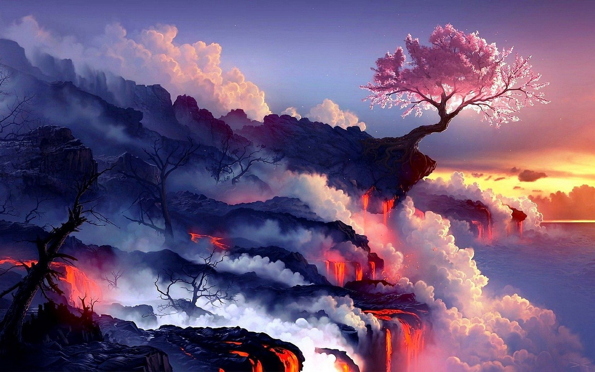 Albero in fiore, Nuvole, Arte fantasy, Rosa, Full HD, wallpaper per portatile