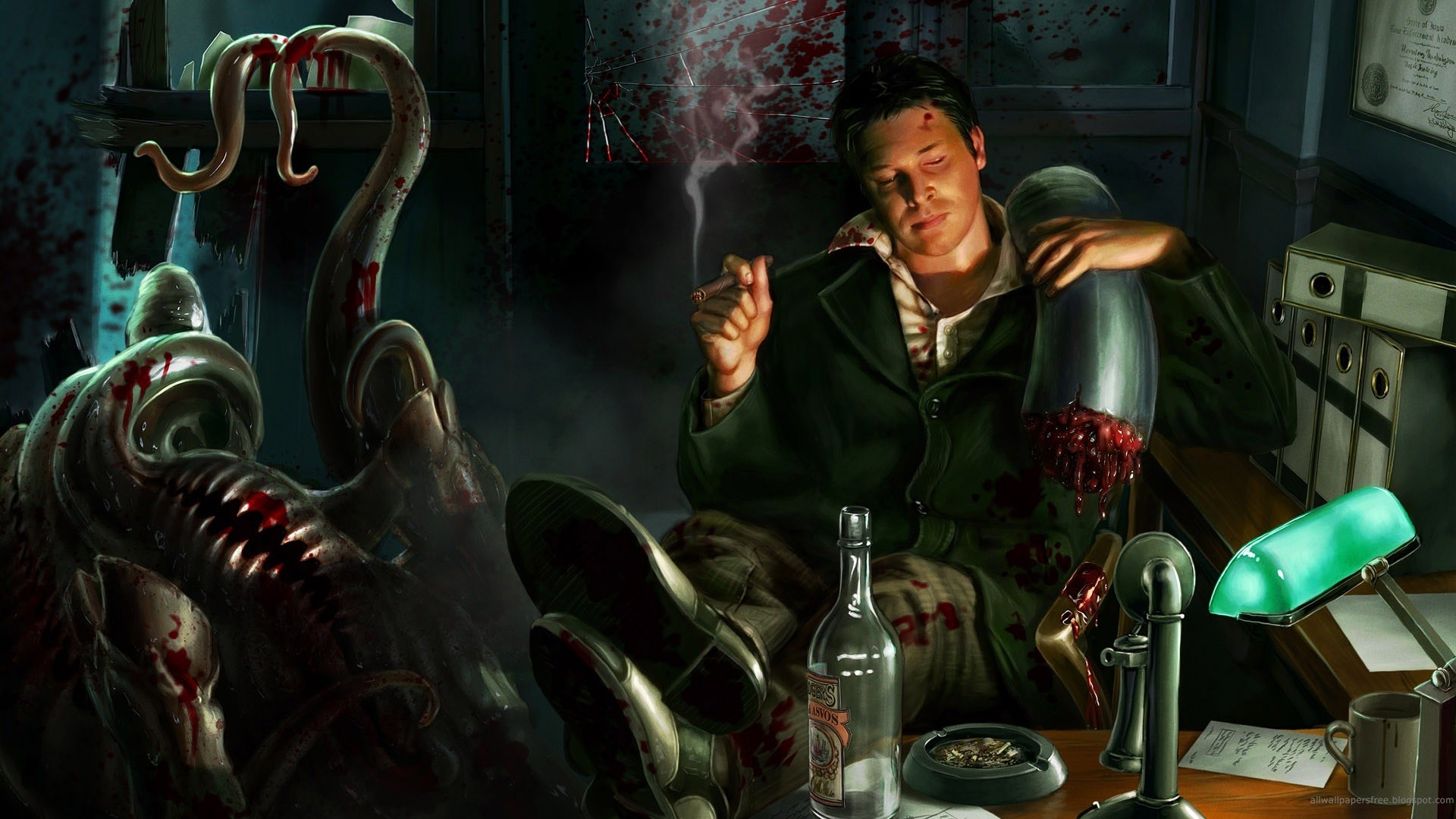 Investigatore, Tentacoli, Ufficio, Sangue, Full HD, sfondo desktop