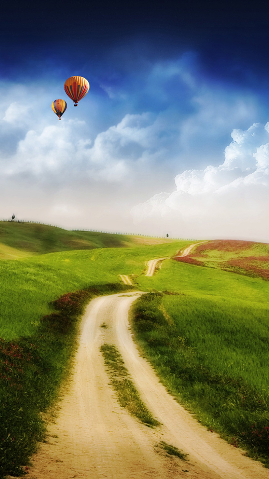 Mongolfiere, Sentiero, Colline, Nuvole, wallpaper per iPhone e Android
