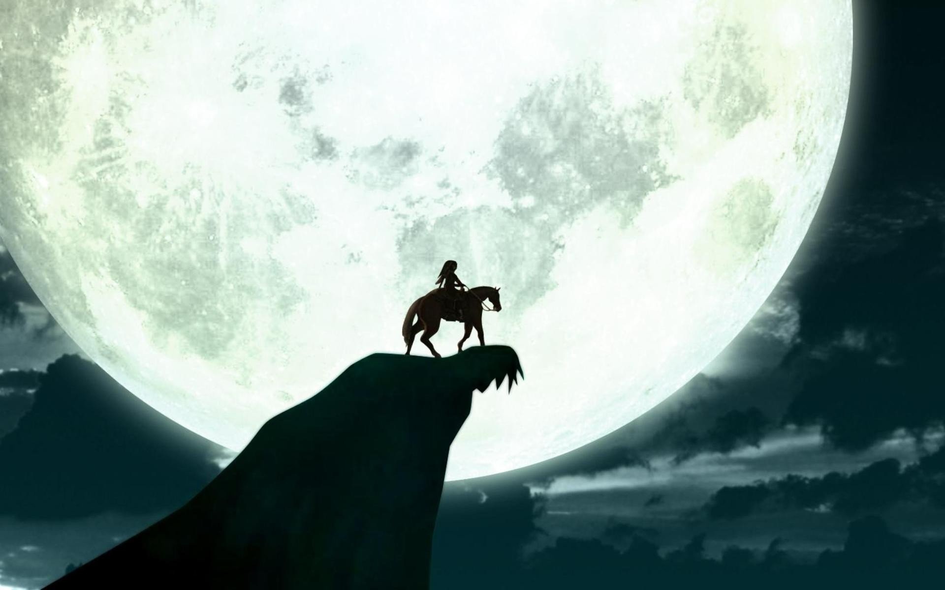 Link, Epona, Luna piena, Silhouette, Scogliera, 1920x1200, immagine di sfondo