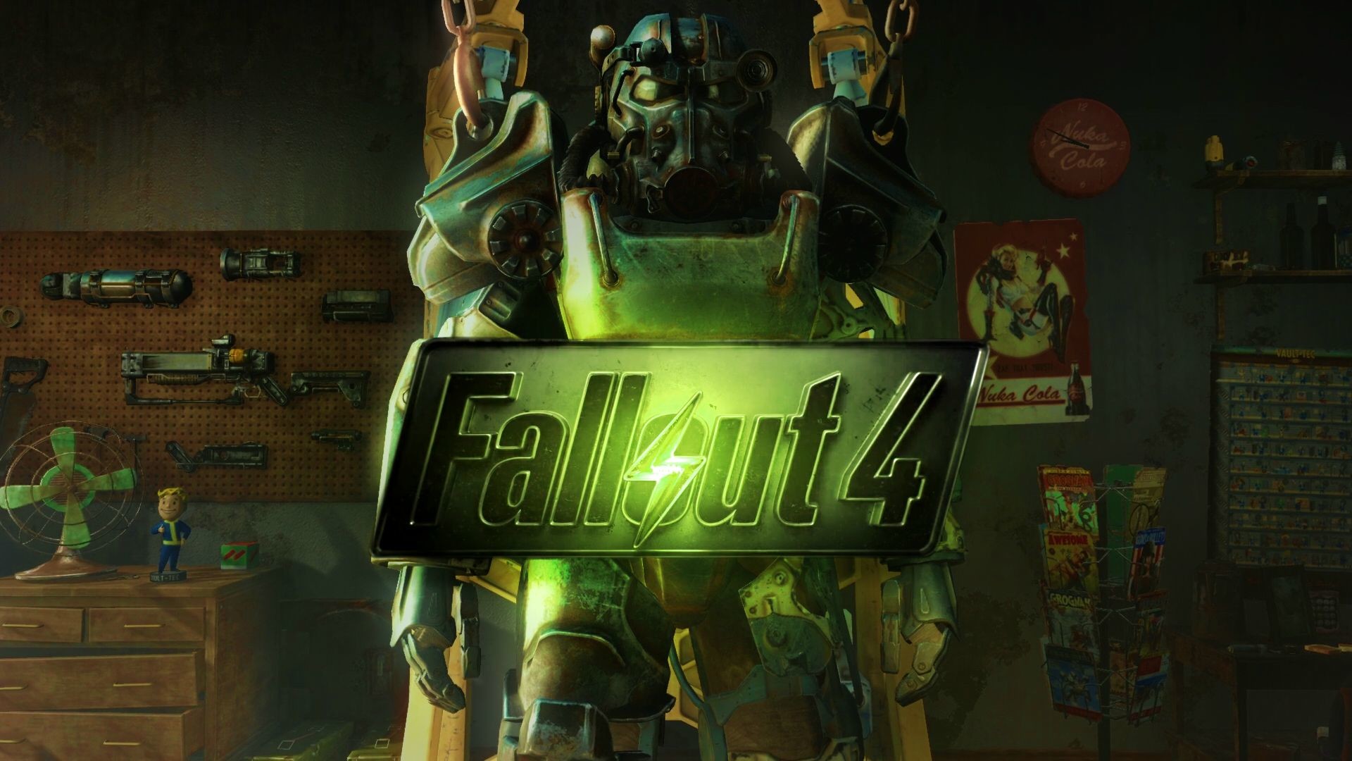 Fallout 4, Armatura atomica, Logo, Verde, 1920x1080, sfondo per PC