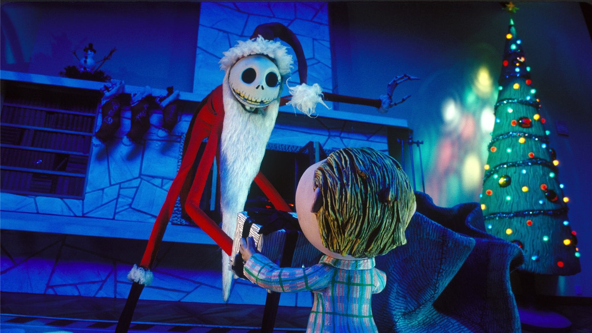 Jack Skellington, Sandy Claws, Nightmare Before Christmas, Albero di Natale, Camino, sfondo 1080p