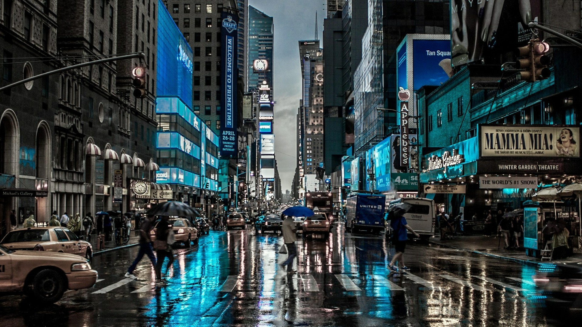 Times Square, Pioggia, Strada, Mamma Mia!, 1920x1080, immagine di sfondo