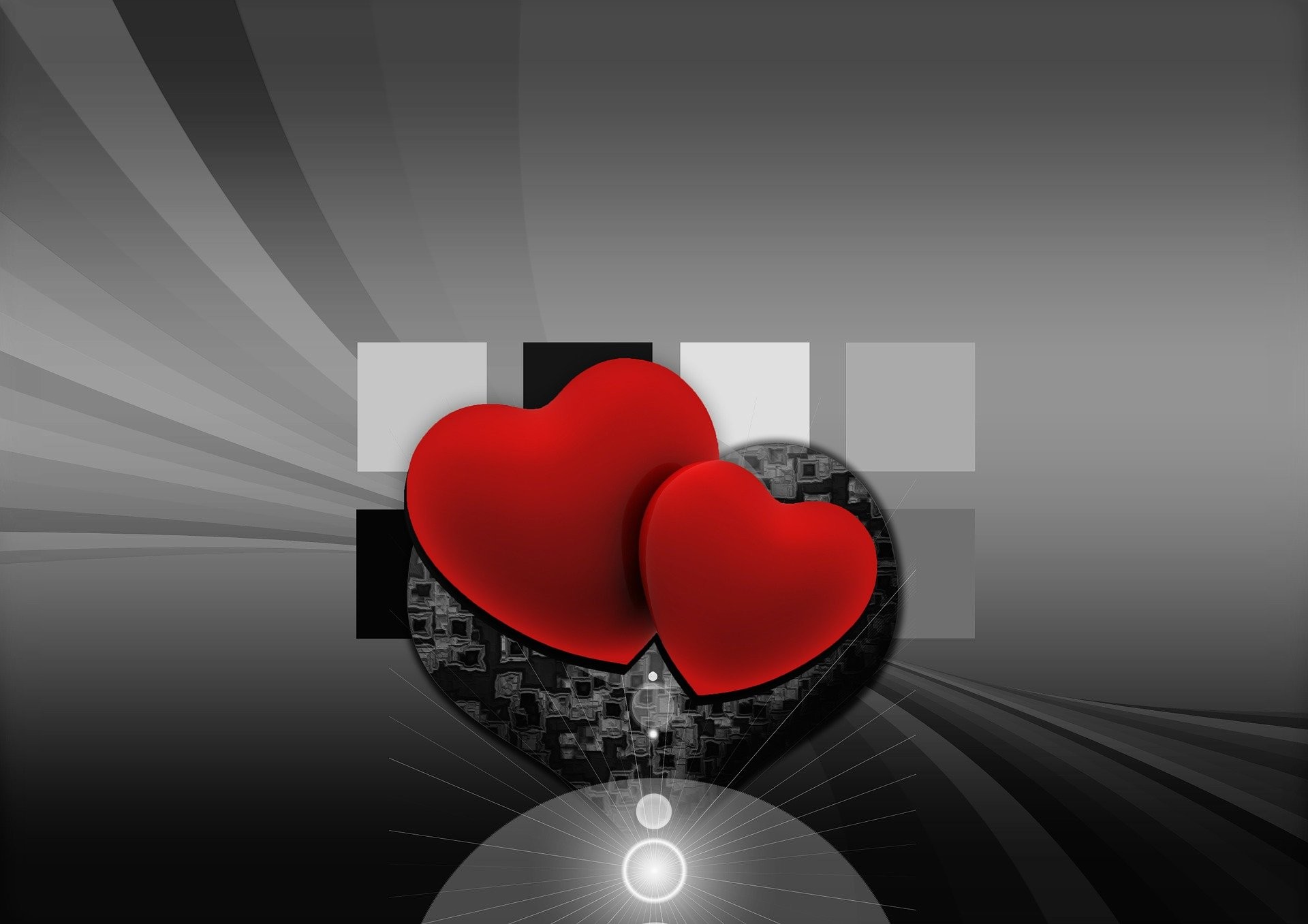 Cuori rossi, Bianco e nero, Raggi, Full HD, sfondo per PC e portatile