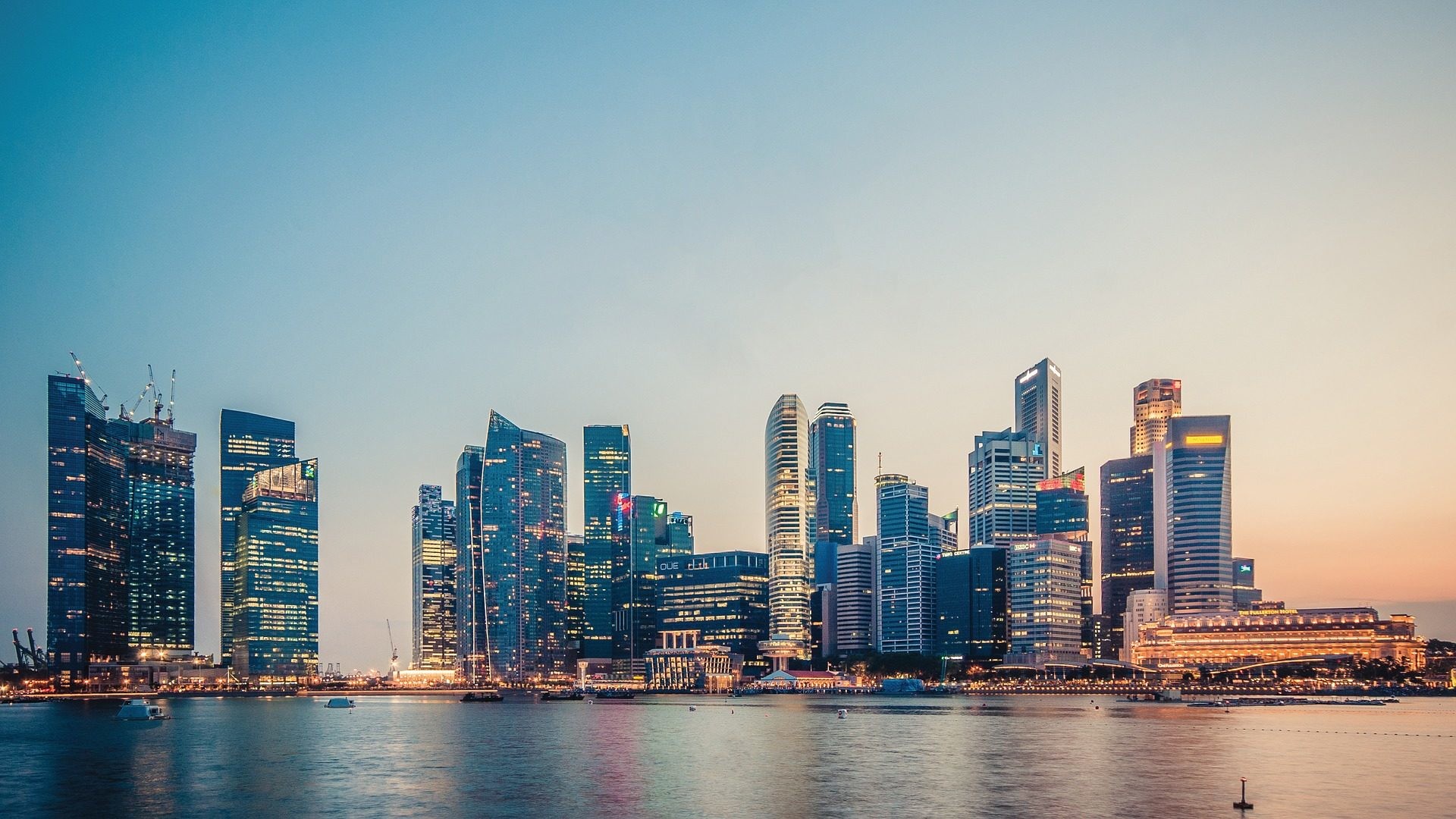 Singapore, Marina Bay, Skyline, Grattacieli, Alba, Full HD, wallpaper per portatile