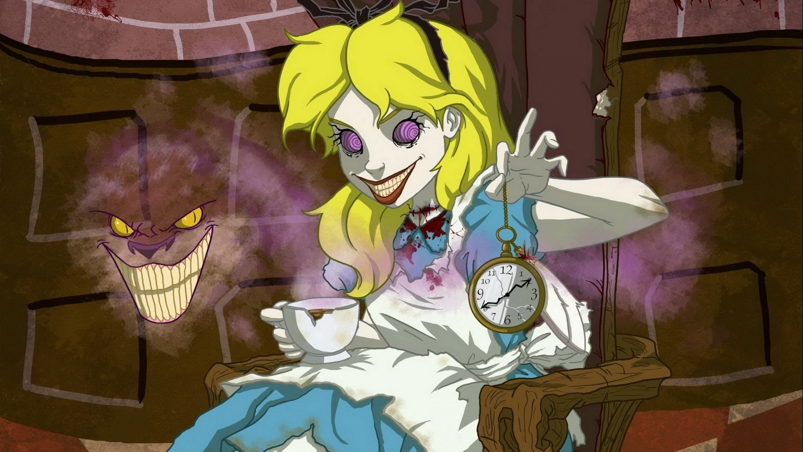 Alice, Stregatto, Orologio da tasca, Arte gotica, Fumetto, 2K, sfondo per PC