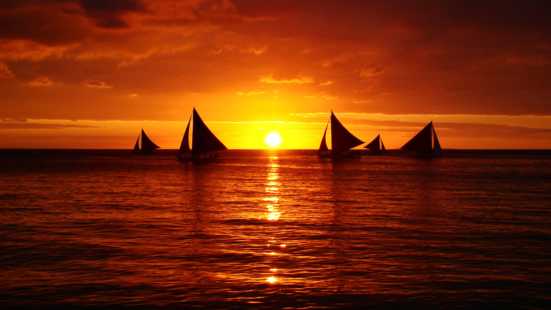 Barche a vela, Tramonto, Mare, Arancione, sfondo PC