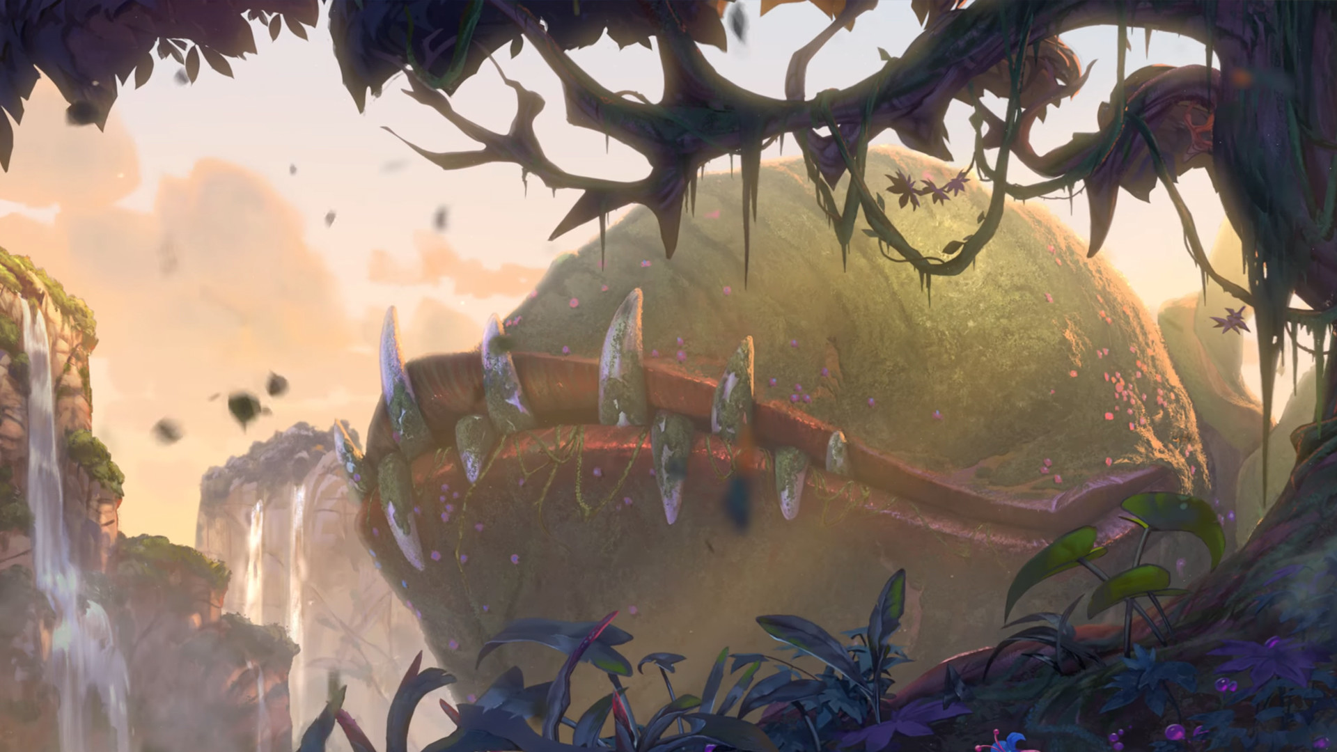 Hearthstone, Warcraft, Paesaggio fantasy, Cascata, Rovine, Full HD, sfondo desktop
