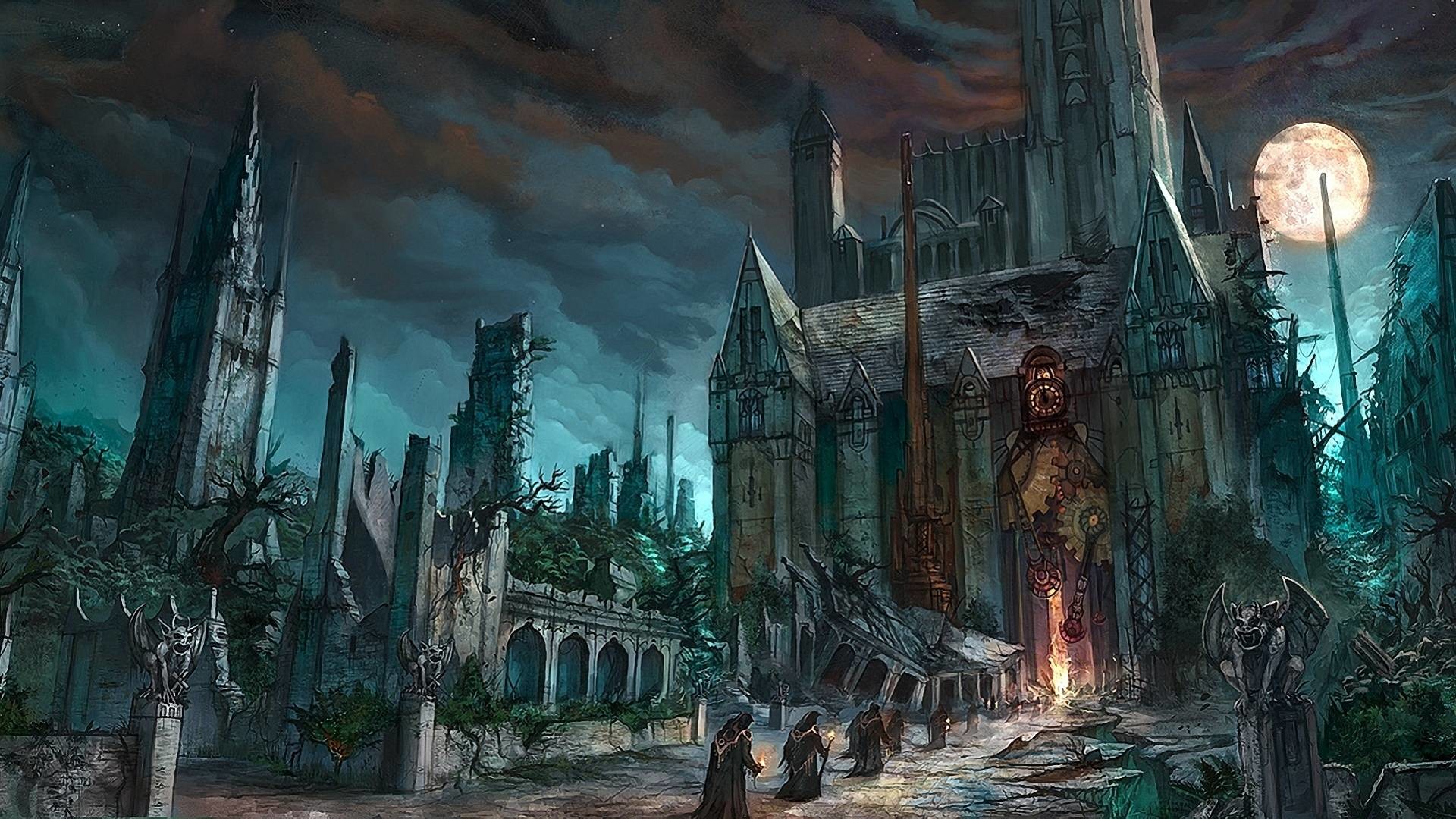 Città gotica, Cattedrale, Luna piena, Arte fantasy, 1920x1080, sfondo per PC