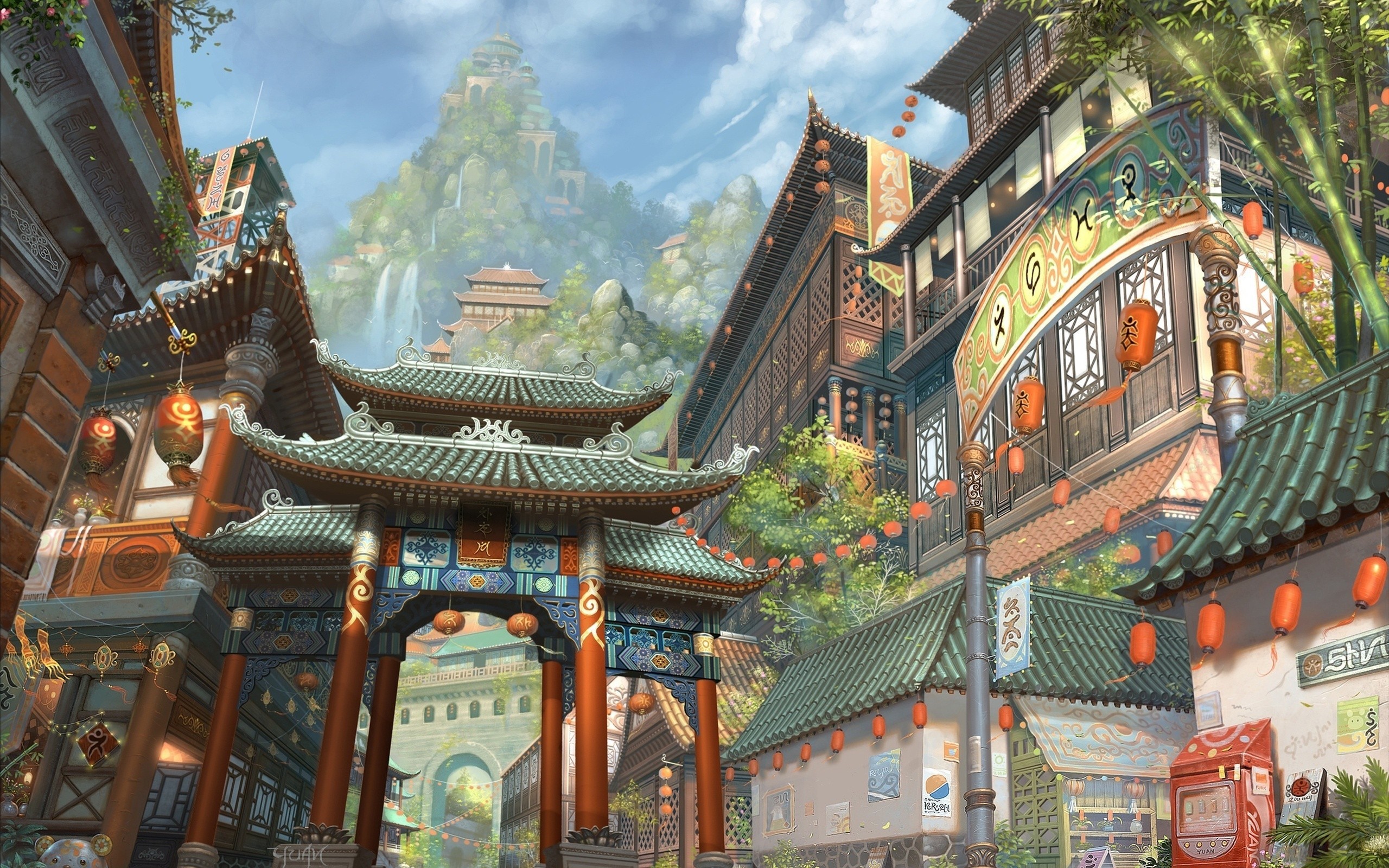 Cina, Digital art, Città antica, Paifang, Montagne, 2K, sfondo per portatile
