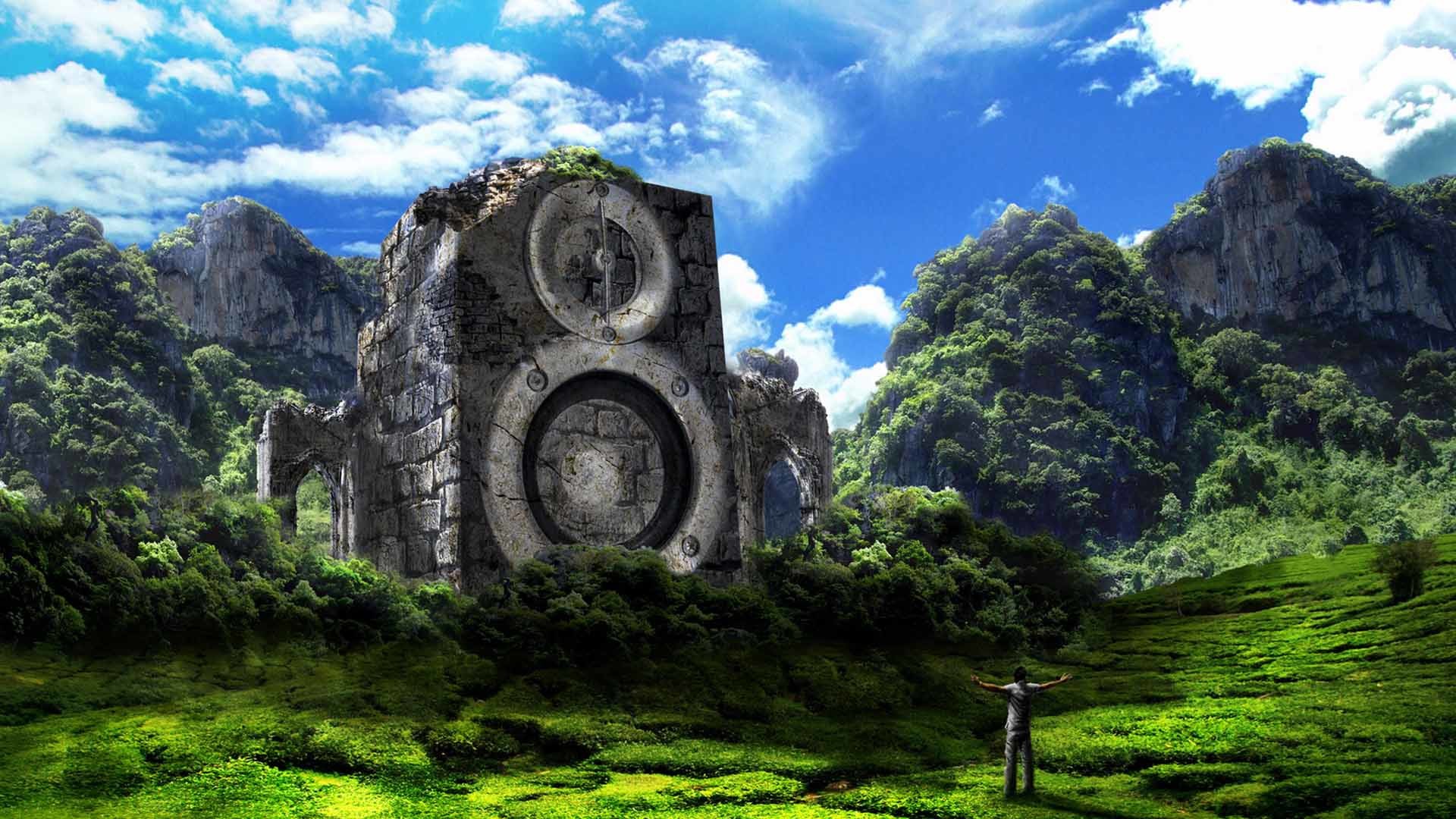 Altoparlanti, Rovine, Montagne, Arte surreale, Full HD, sfondo desktop