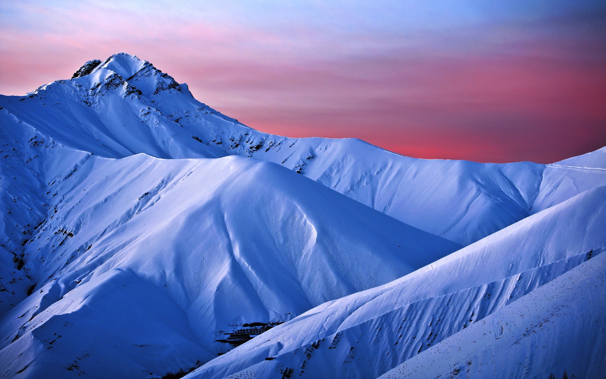 Montagne innevate, Neve, Tramonto, Cielo rosa, 16:10 2K, sfondo widescreen