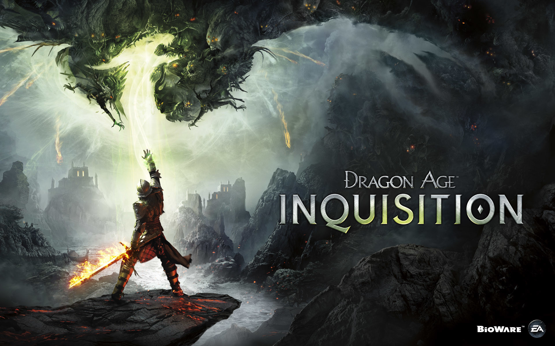 Inquisitore, Dragon Age: Inquisition, Logo, Varco, Spada infuocata, sfondo widescreen Full HD