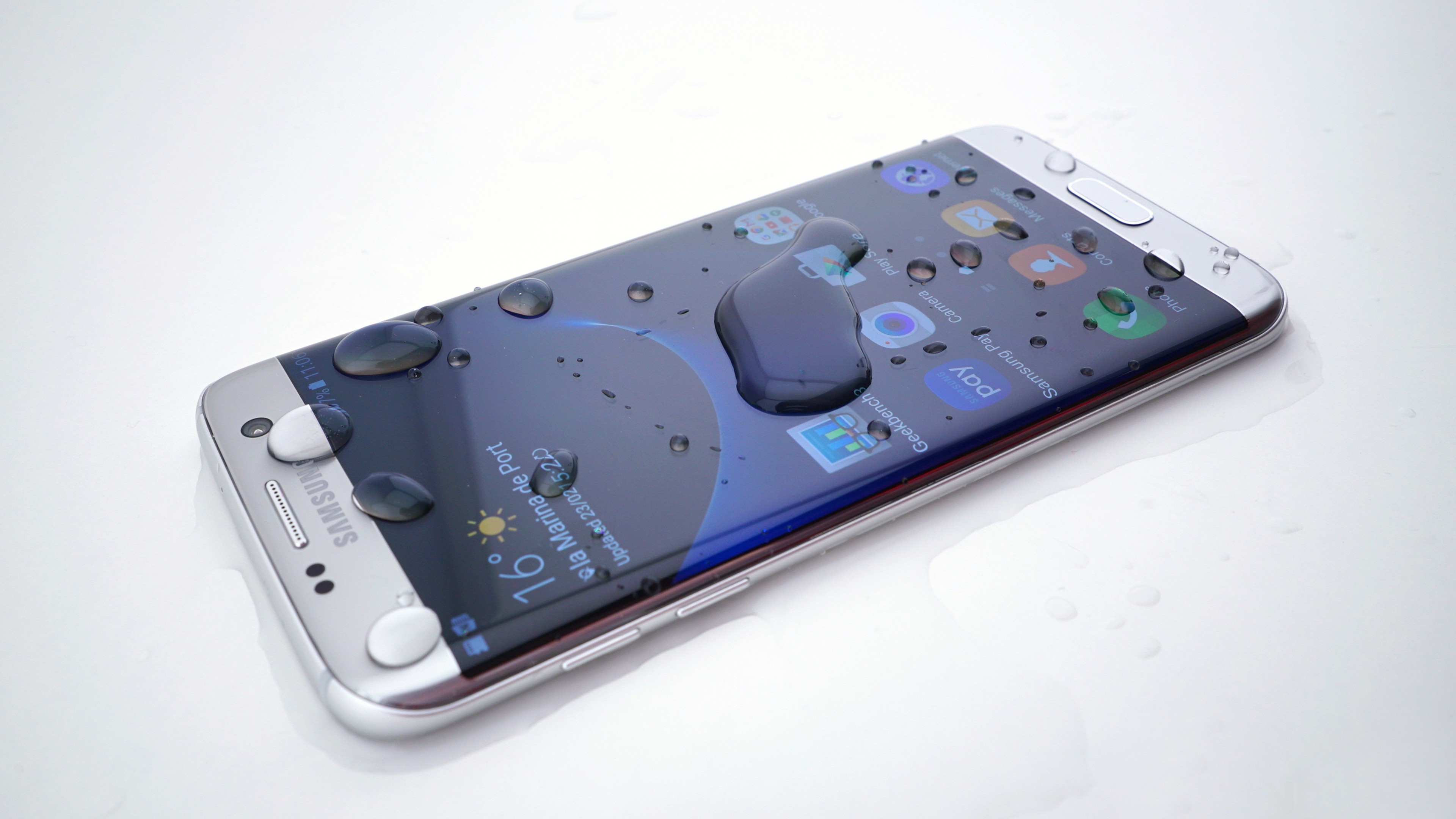 Samsung Galaxy S7 Edge, Smartphone, Gocce d'acqua, Impermeabile, sfondo 16:9 4K