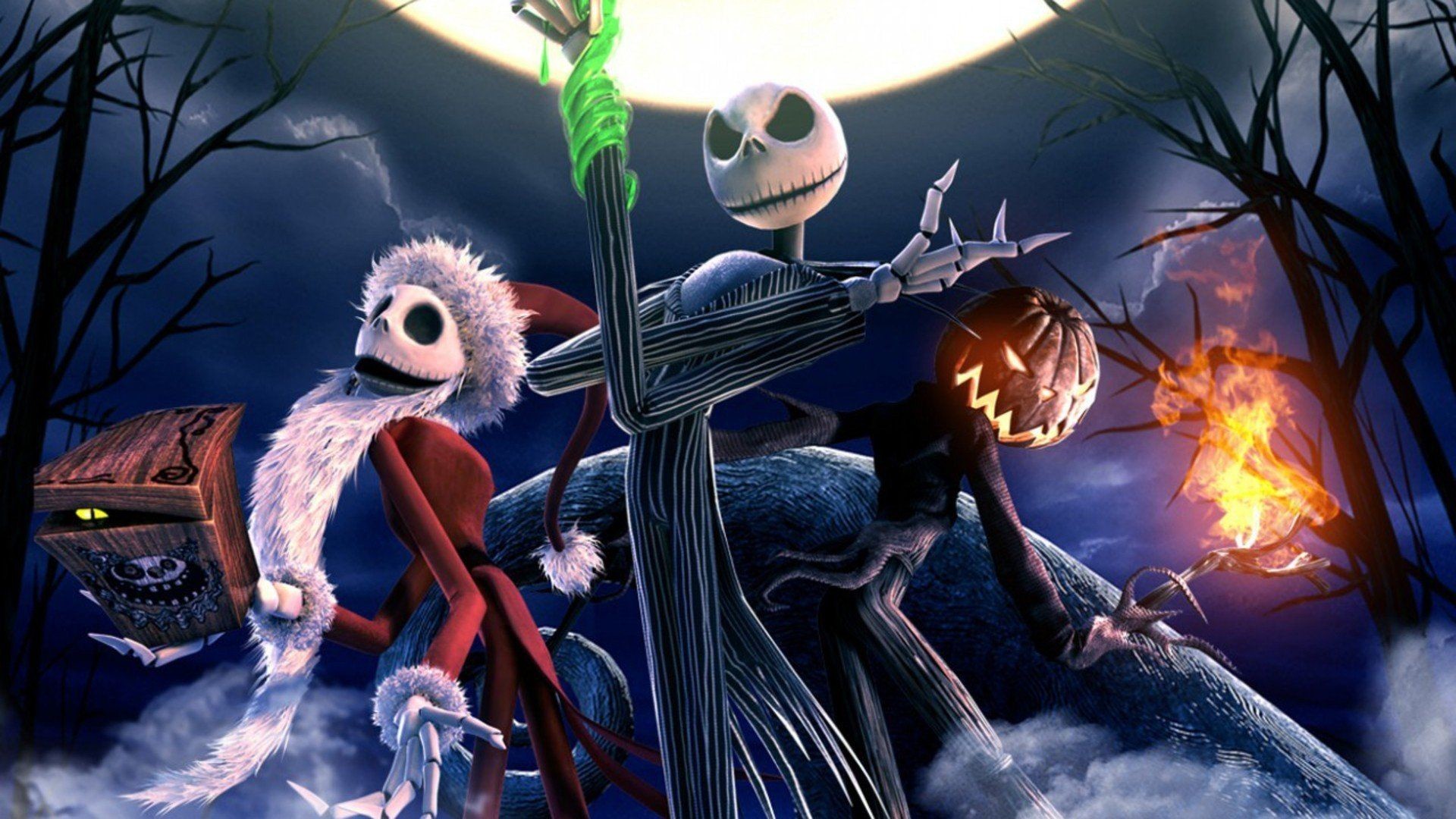 Jack Skeletron, Babbo Natale, Nightmare Before Christmas, Luna piena, Notte, wallpaper Full HD