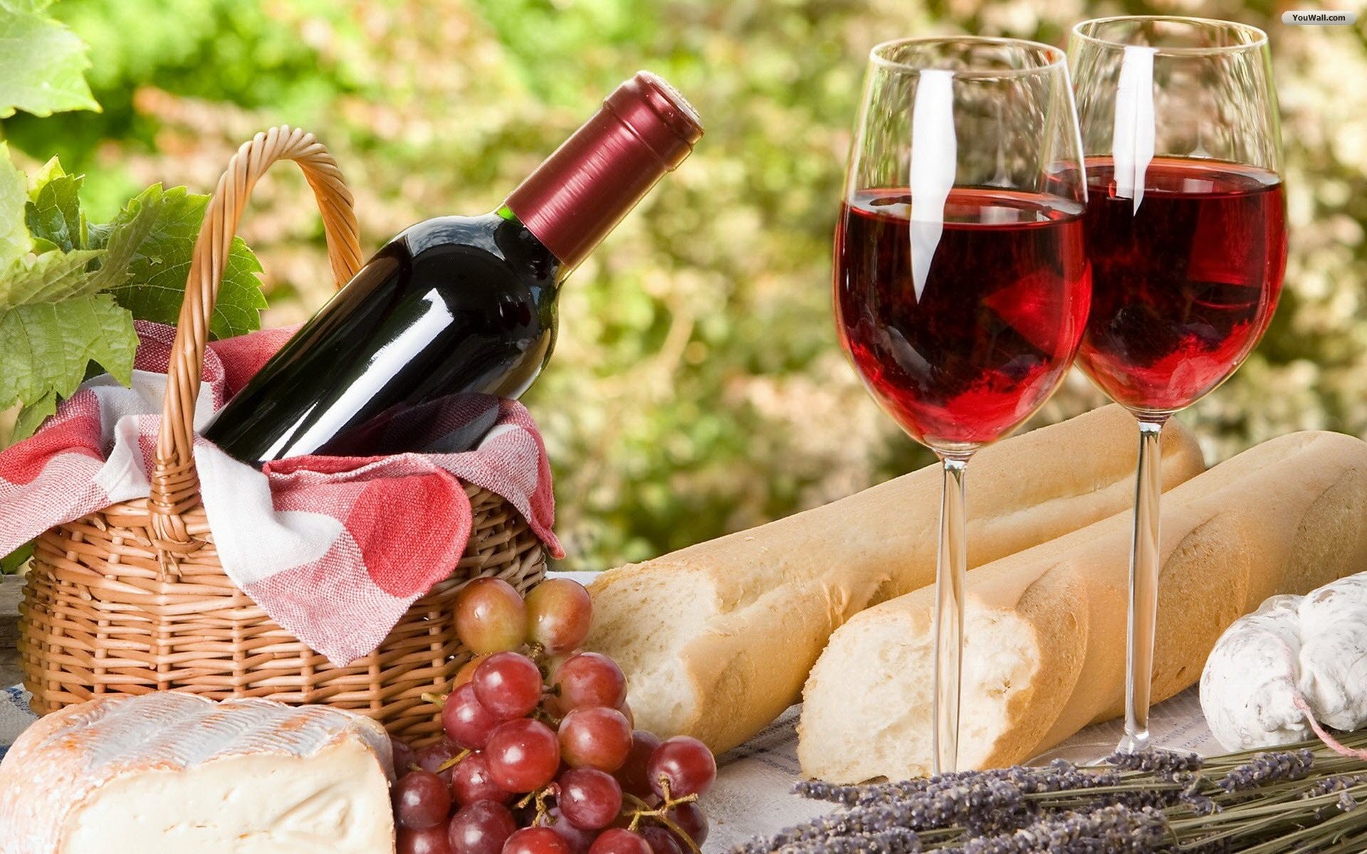 Vino rosso, Calici, Cestino da picnic, Baguette, Uva, Picnic, 1920x1200, sfondo MacBook Pro