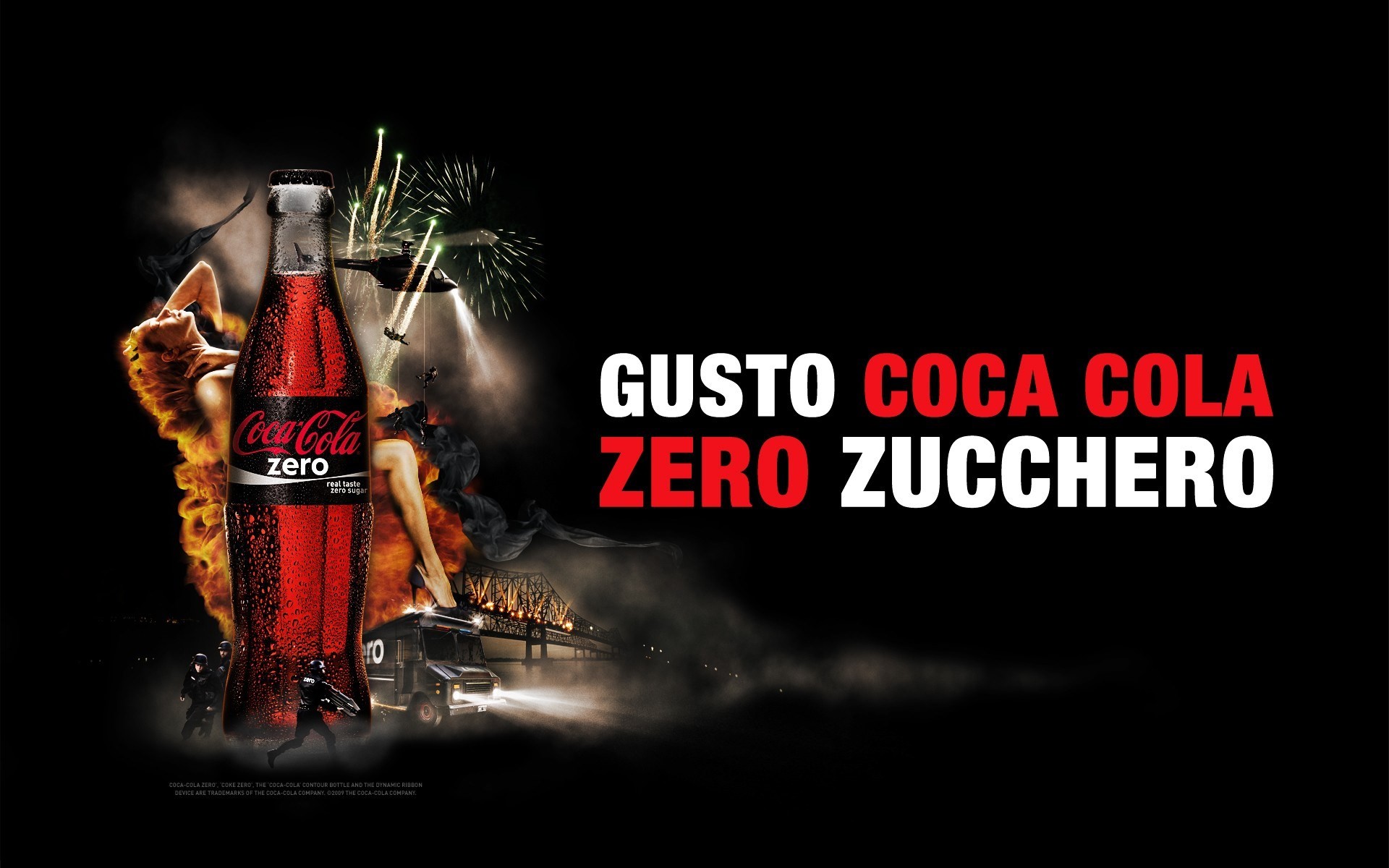 Coca-Cola Zero, Gusto Coca Cola Zero Zucchero, Pubblicità, Sfondo nero, wallpaper 1920x1200
