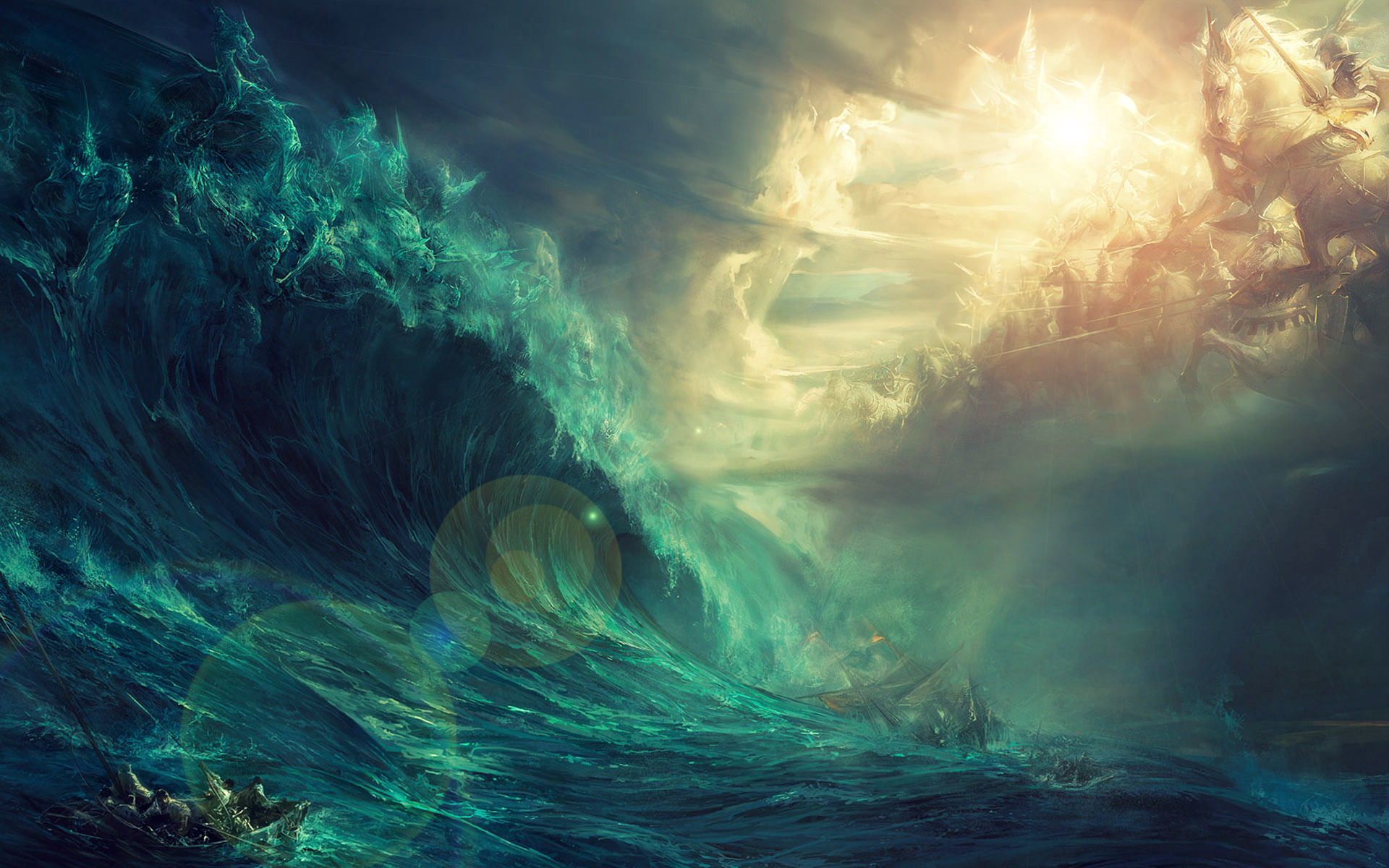 Onda gigante, Tempesta, Mare, Arte fantasy, Verde acqua, Full HD, sfondo Windows 11
