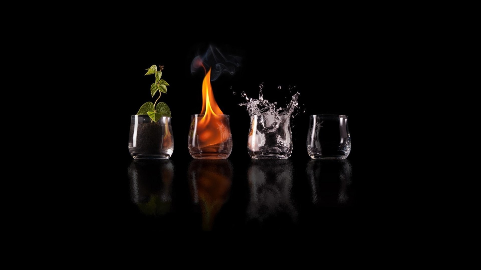 Quattro elementi, Fuoco, Acqua, Terra, Bicchieri, 16:9 Full HD, sfondo widescreen