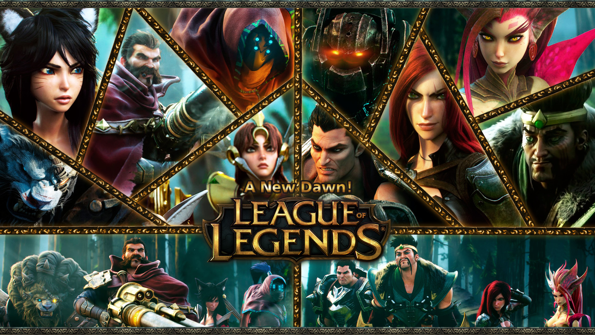 League of Legends, A New Dawn, Campioni, Logo, Collage, 1920x1080, sfondo per PC