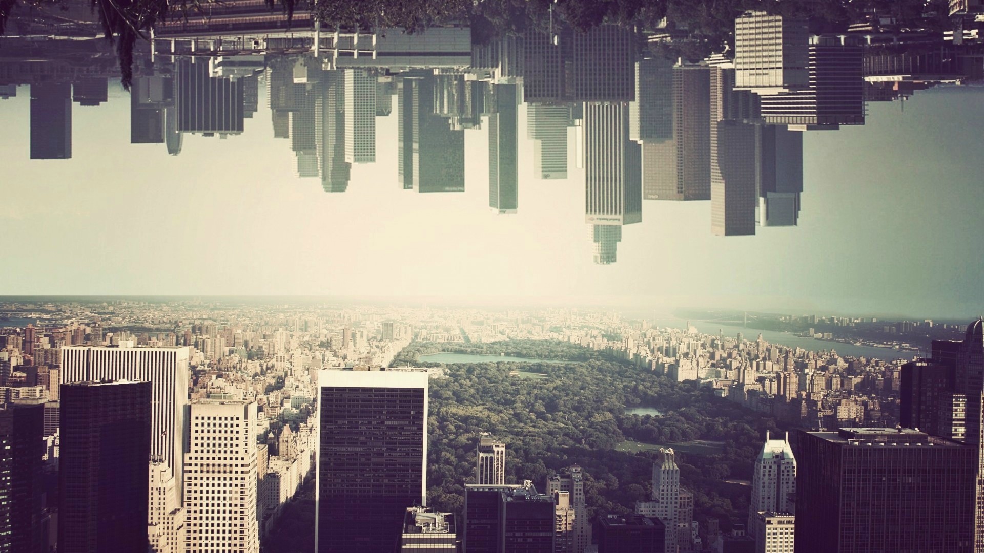 Città capovolta, New York, Central Park, Surreale, Full HD, sfondo Windows 11