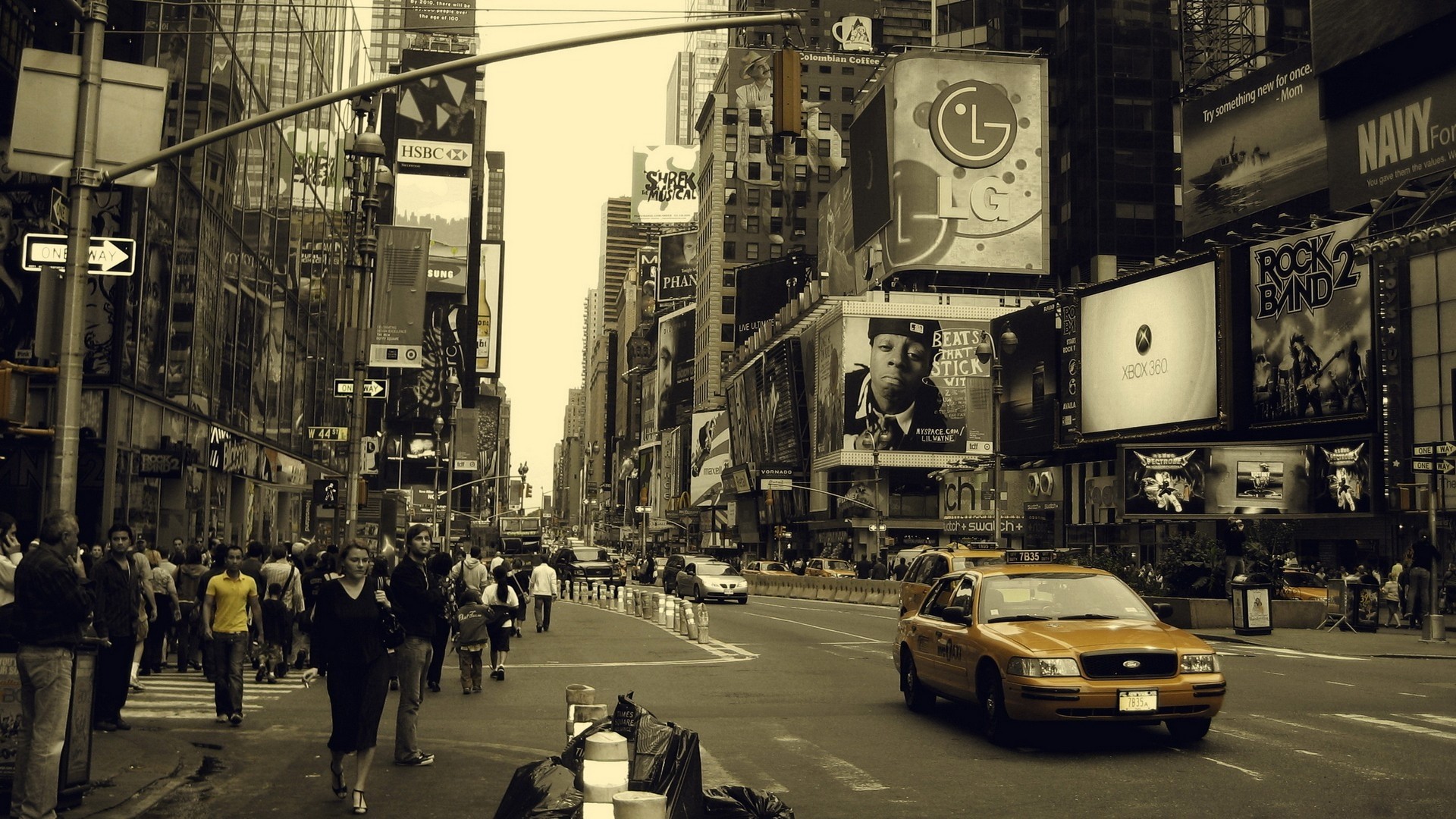 Times Square, Taxi giallo, Manhattan, Seppia, Full HD, sfondo per PC e portatile