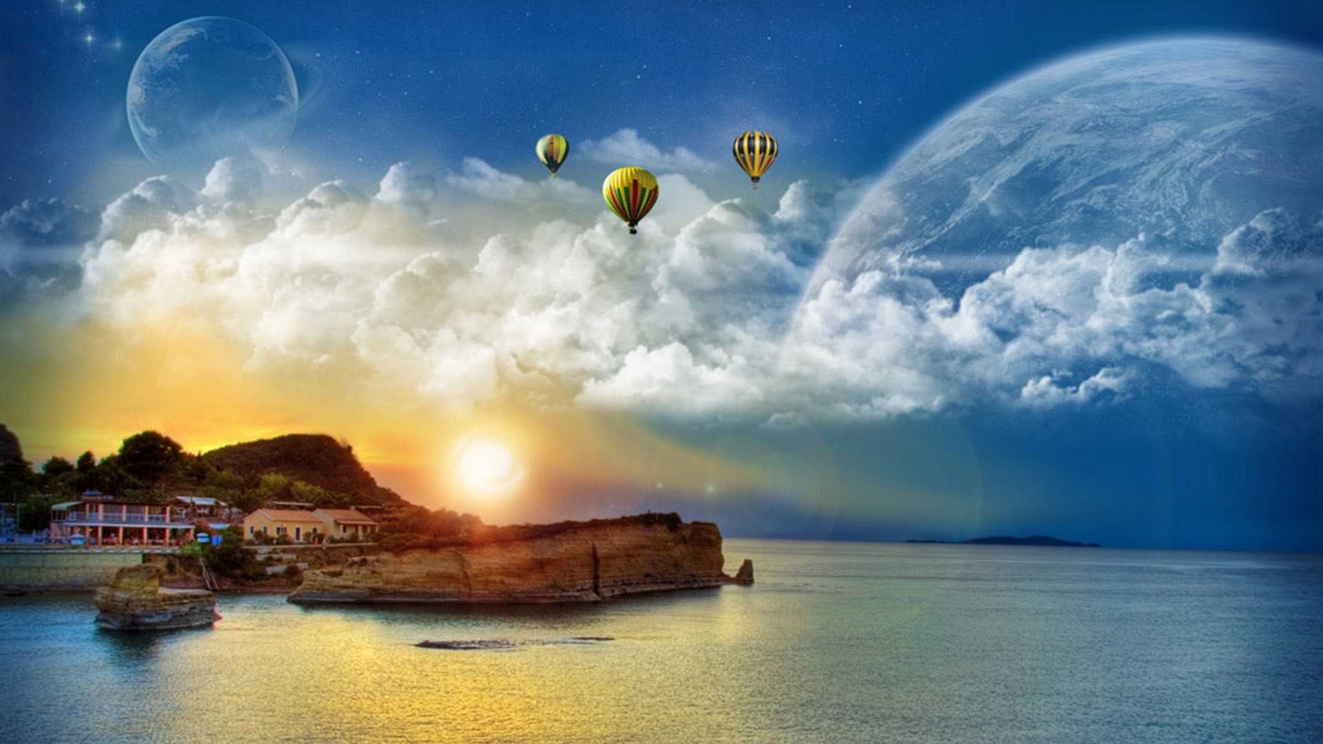 Mongolfiere, Pianeta, Isola, Surreale, Full HD, immagine di sfondo PC