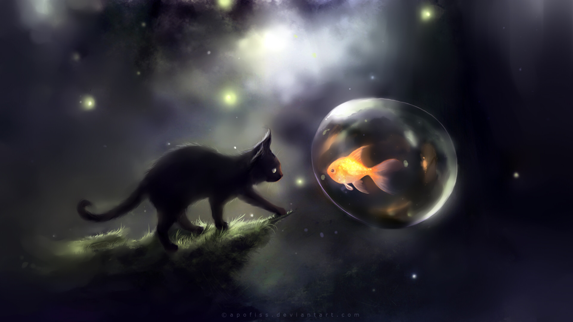 Gatto nero, Pesce rosso, Bolla, Illustrazione, Notte, Full HD, sfondo Windows 11