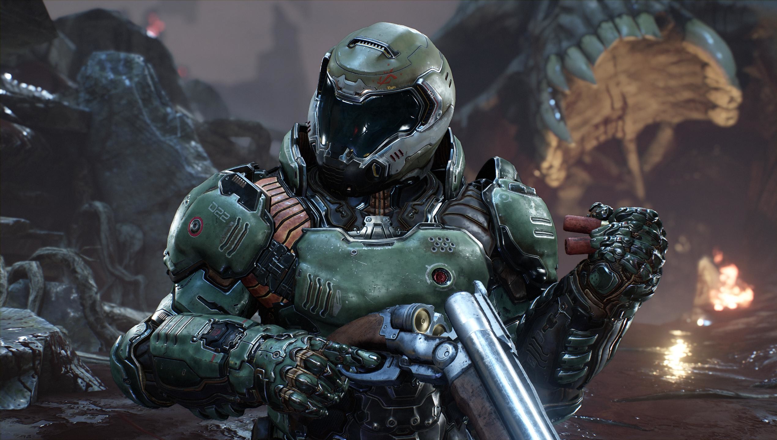 Doom Slayer, Doom (2016), Armatura Praetor, Fucile, Full HD, sfondo per PC e portatile