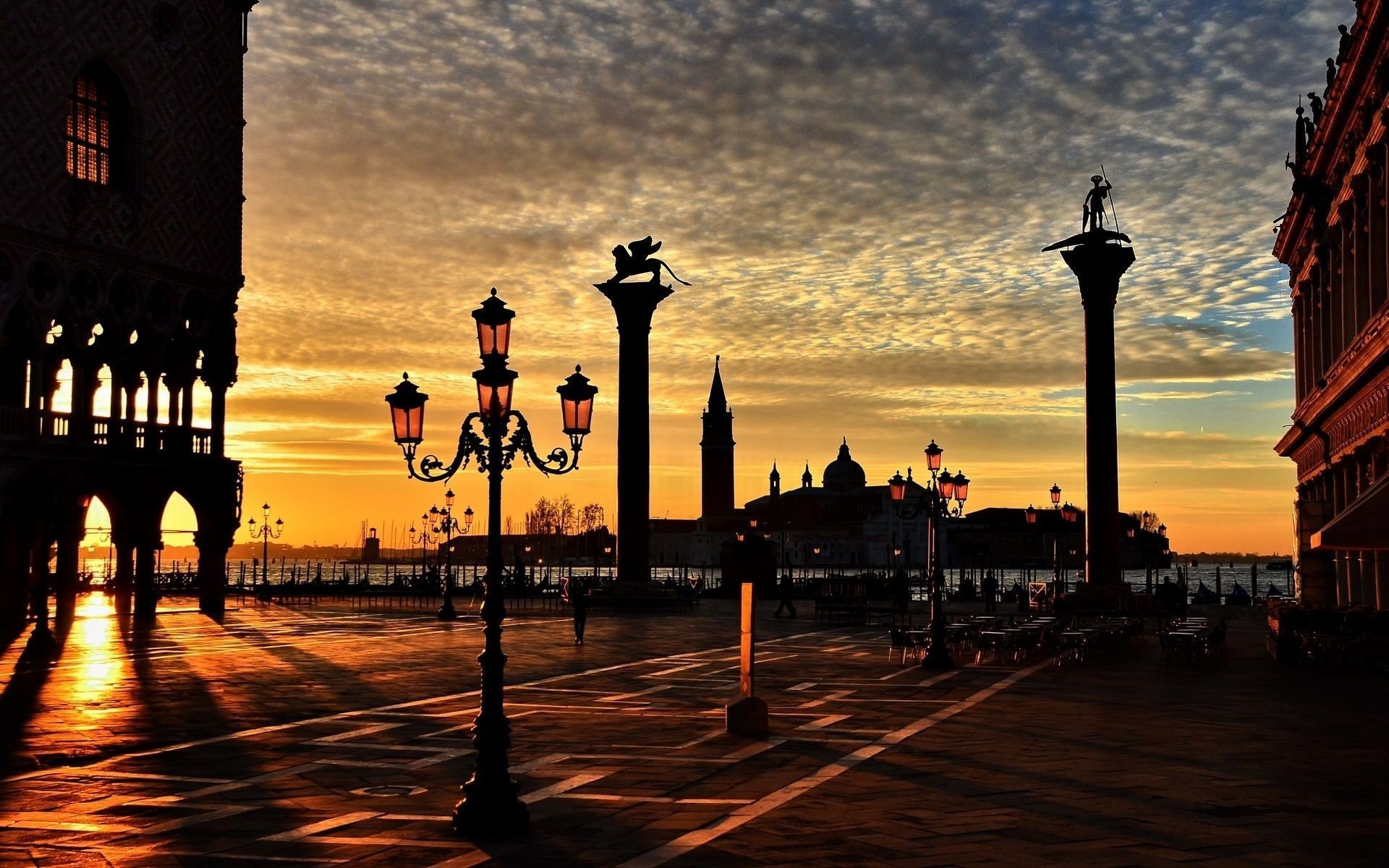 Piazza San Marco, Venezia, Italia, Tramonto, Silhouette, 16:10 Full HD, wallpaper widescreen