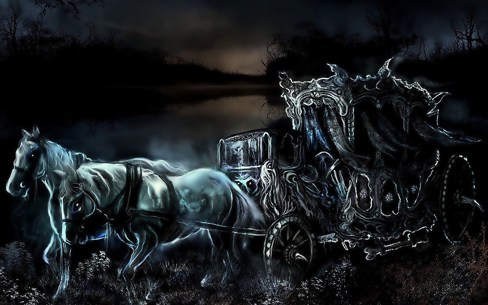 Carrozza fantasma, Cavalli, Notte, Arte dark, 1920x1200, immagine di sfondo