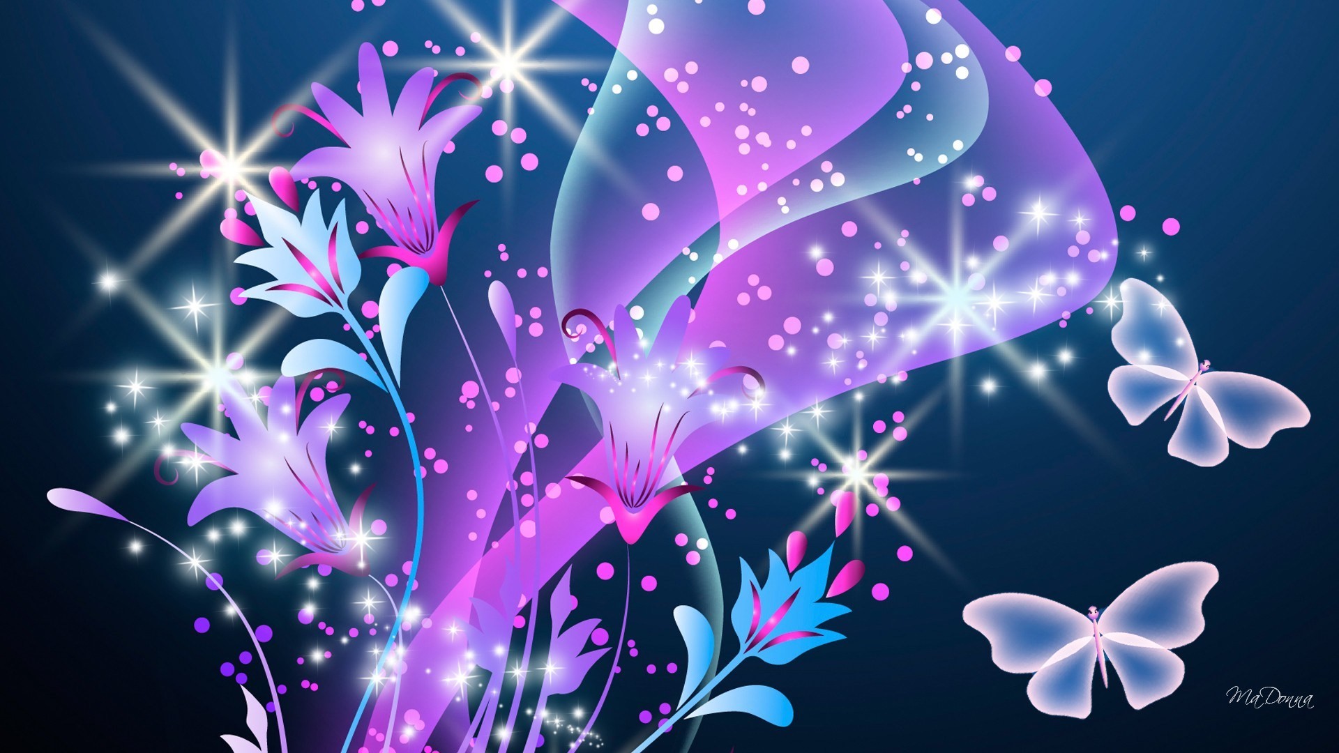 Fiori viola, Farfalle, Arte digitale, Scintille, 1920x1080, immagine di sfondo